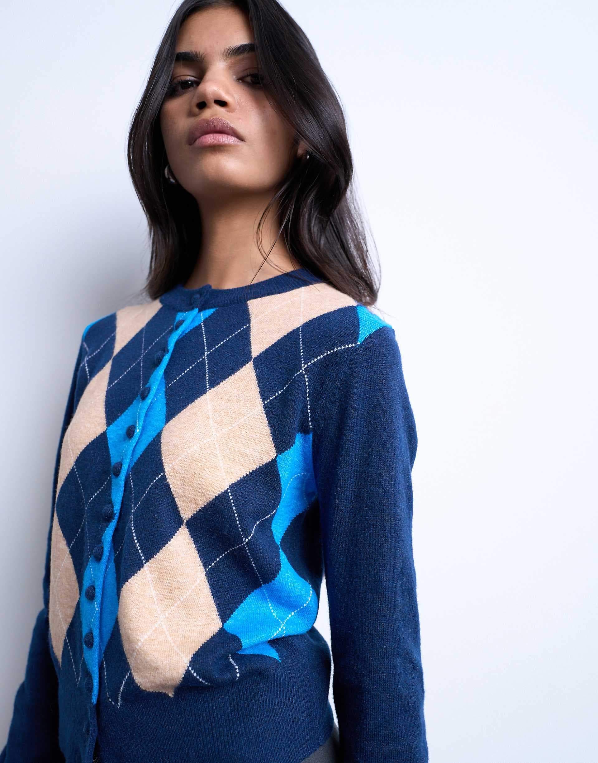 Topshop knit fine argyle cardigan in navy