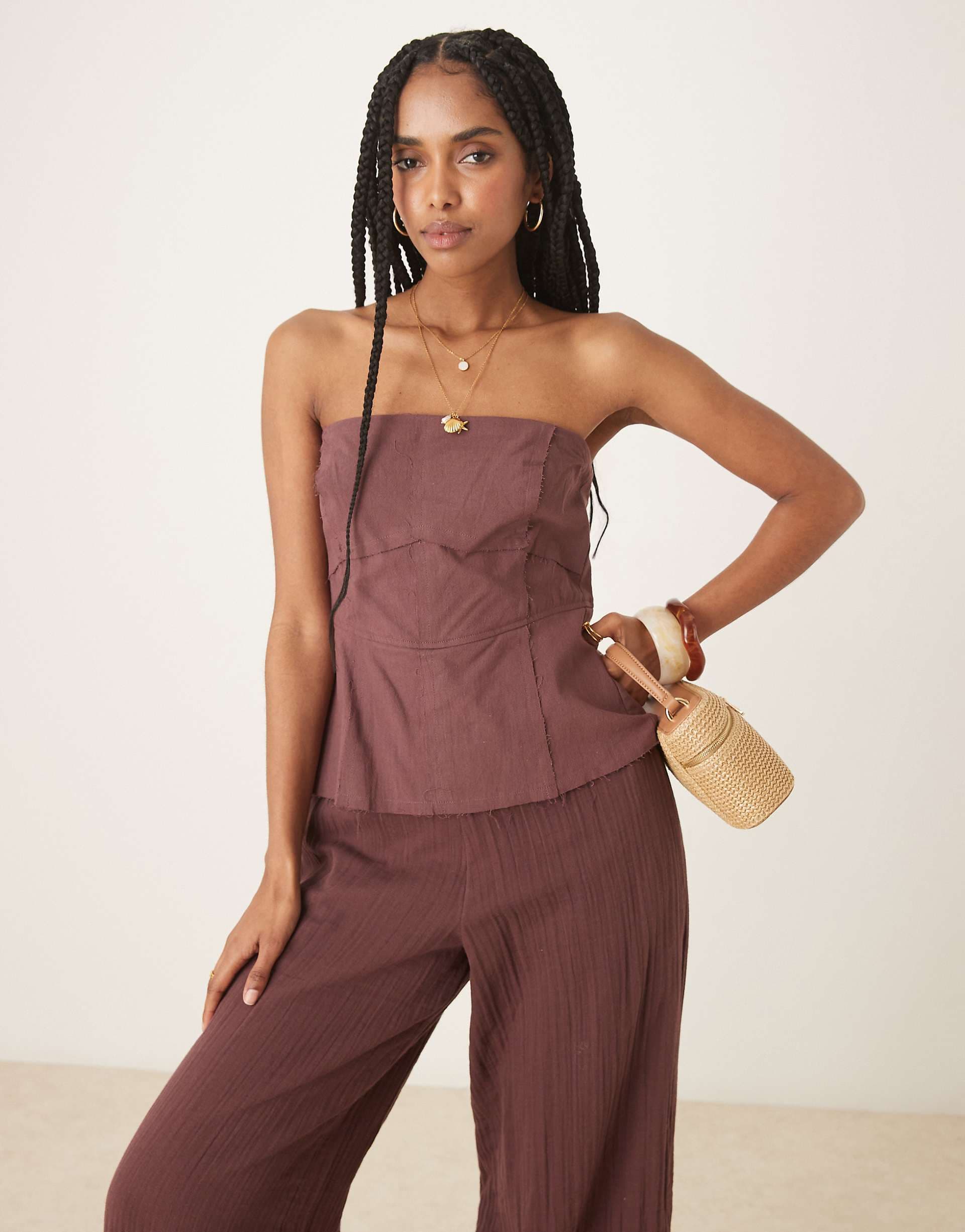 ASOS DESIGN bandeau top linen look cotton jumpsuit in chocolate