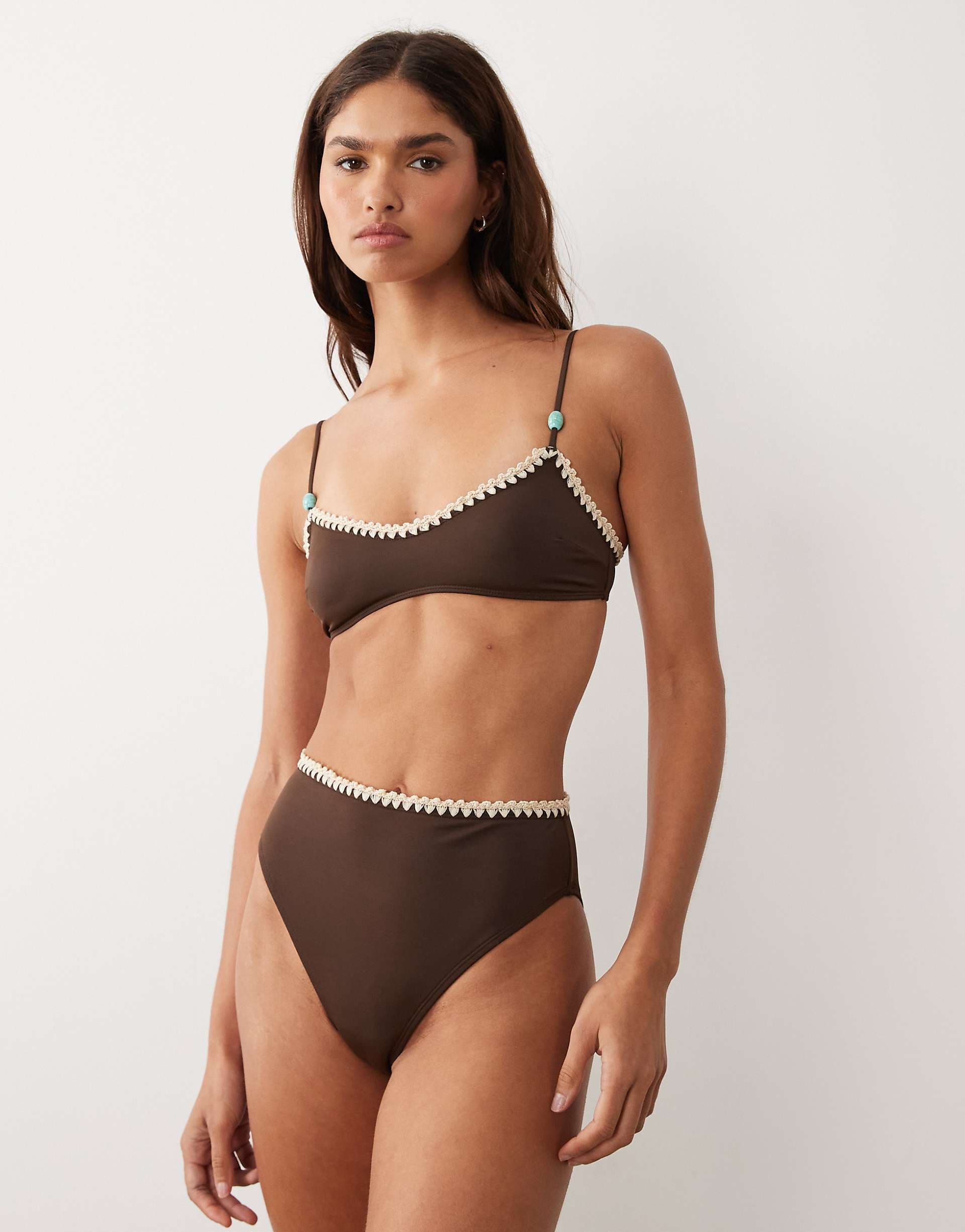 ASOS DESIGN Whitney Whip Azores high leg high waist bikini bottoms with whipstitch detailing in brown