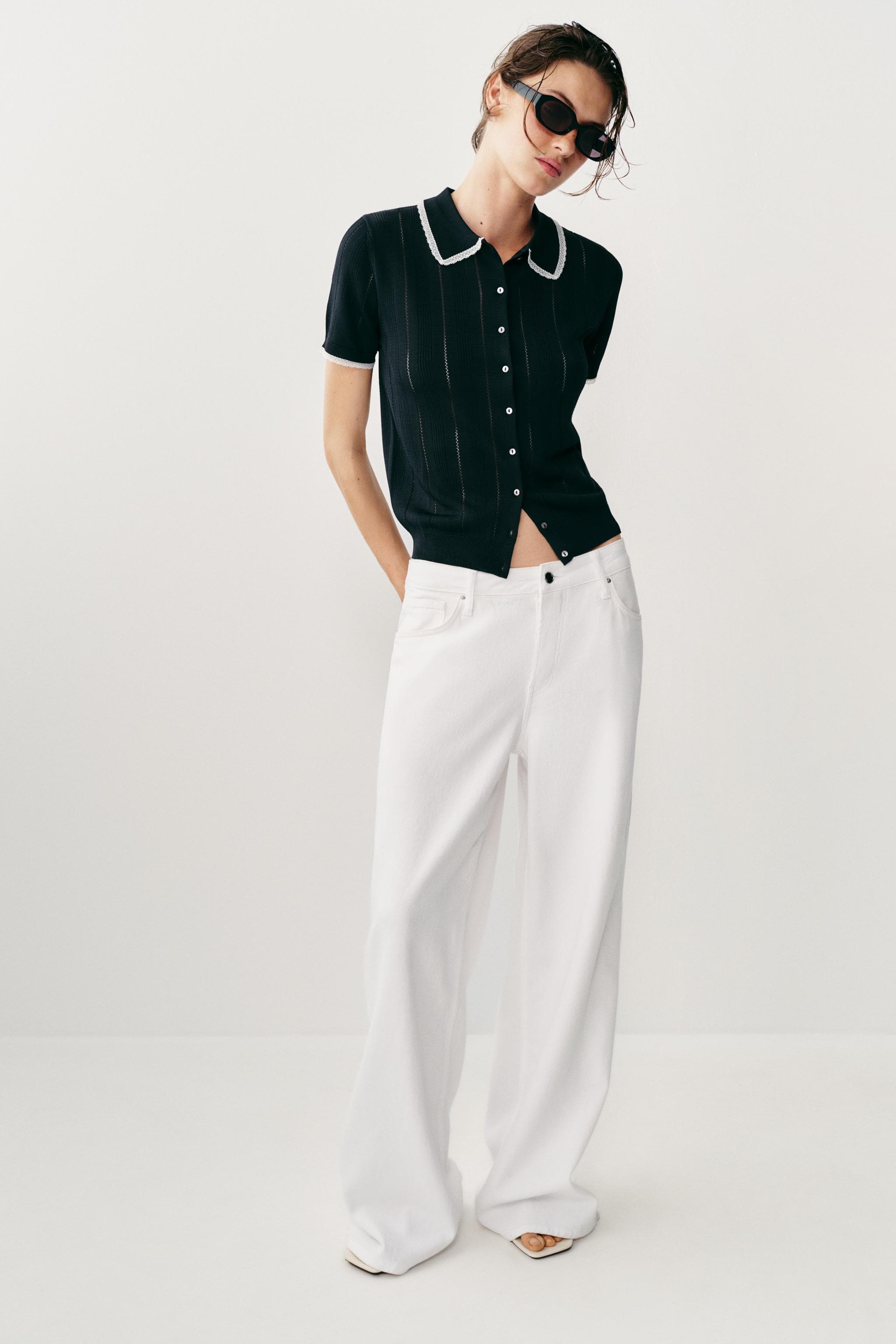 SHORT SLEEVE LACE TRIM KNIT CARDIGAN