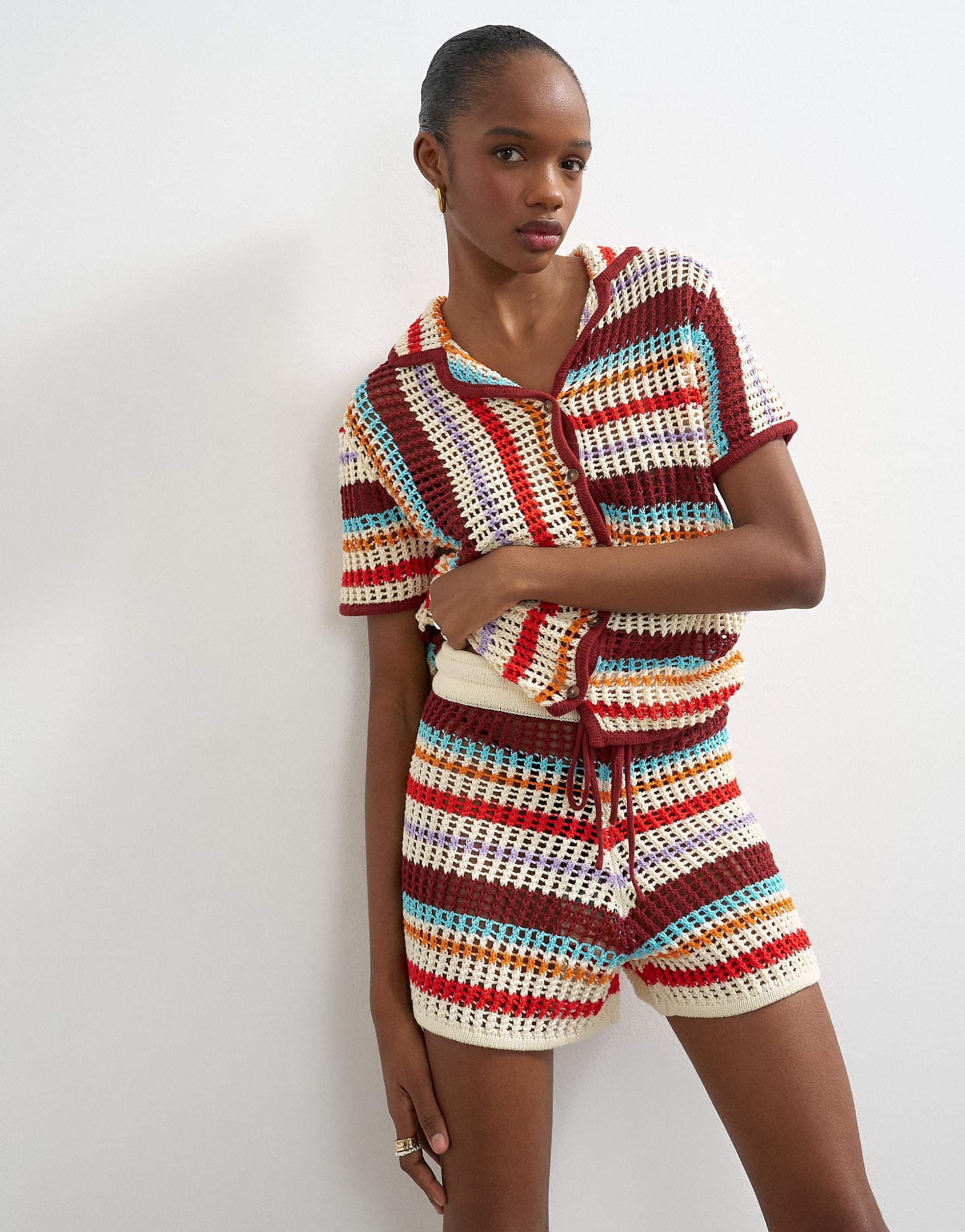 Topshop knit crochet striped shorts in burgundy - part of a set