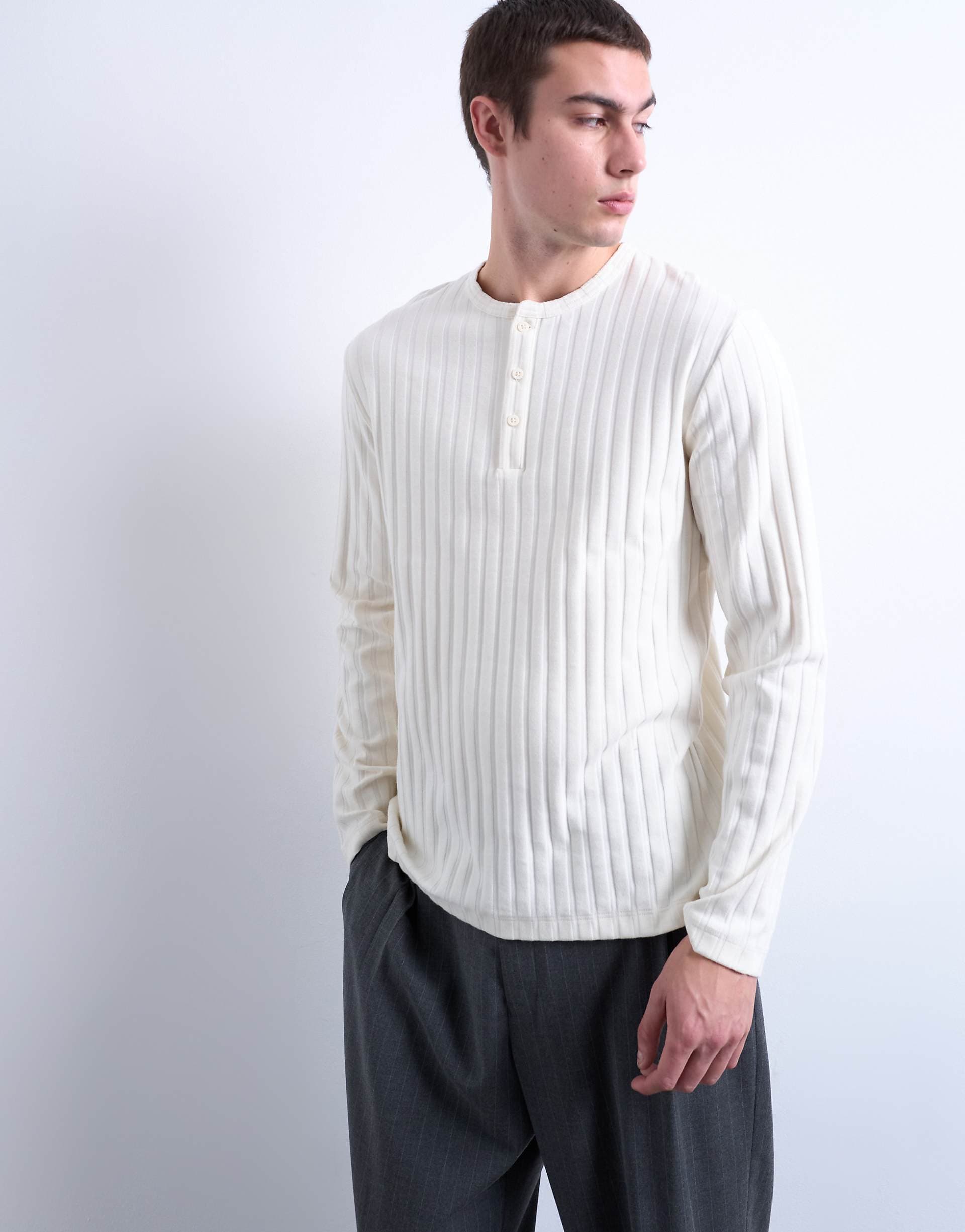 Topman long sleeve ribbed Henley tee in cream