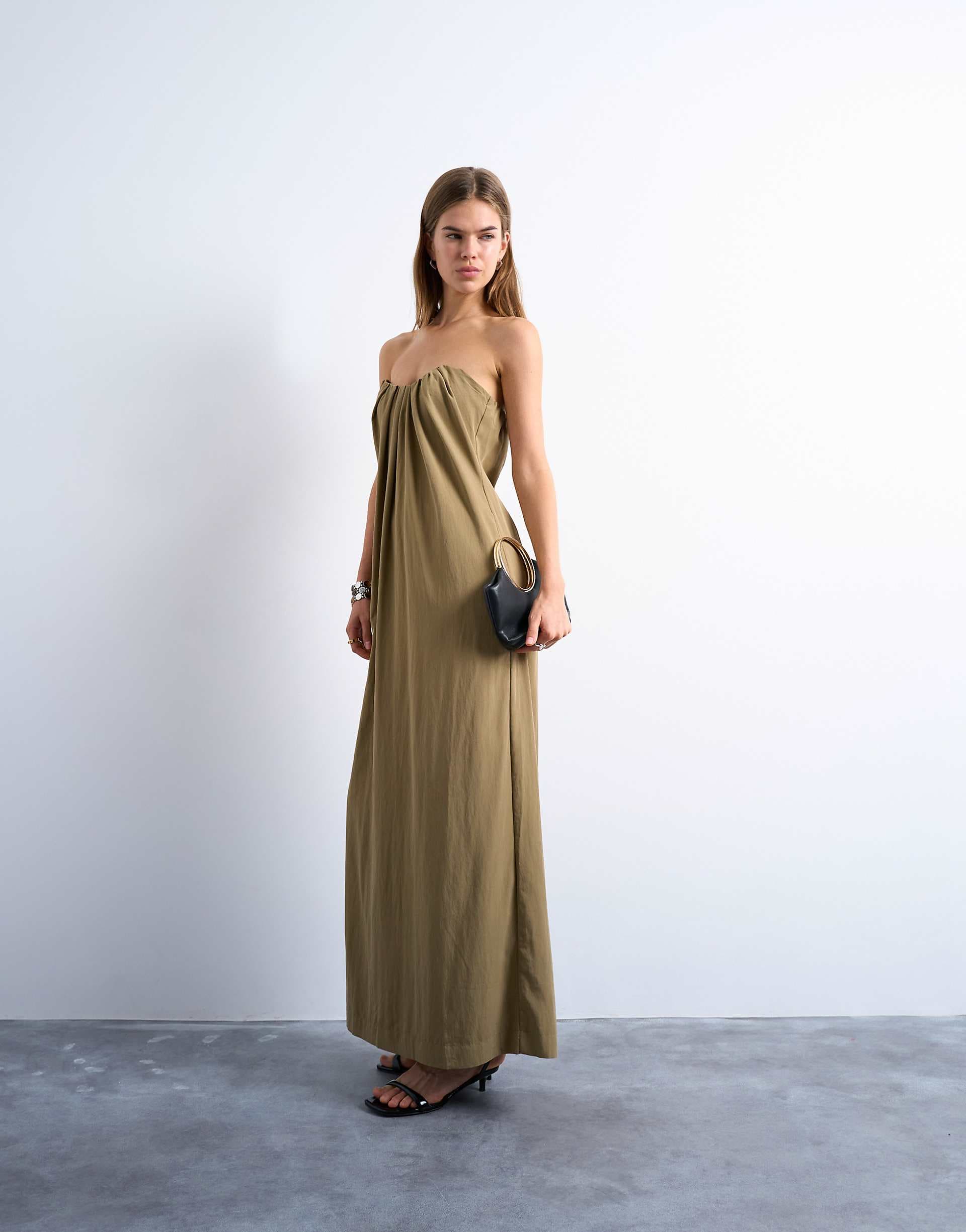 Topshop gathered bust structured poplin bandeau midi dress in clay