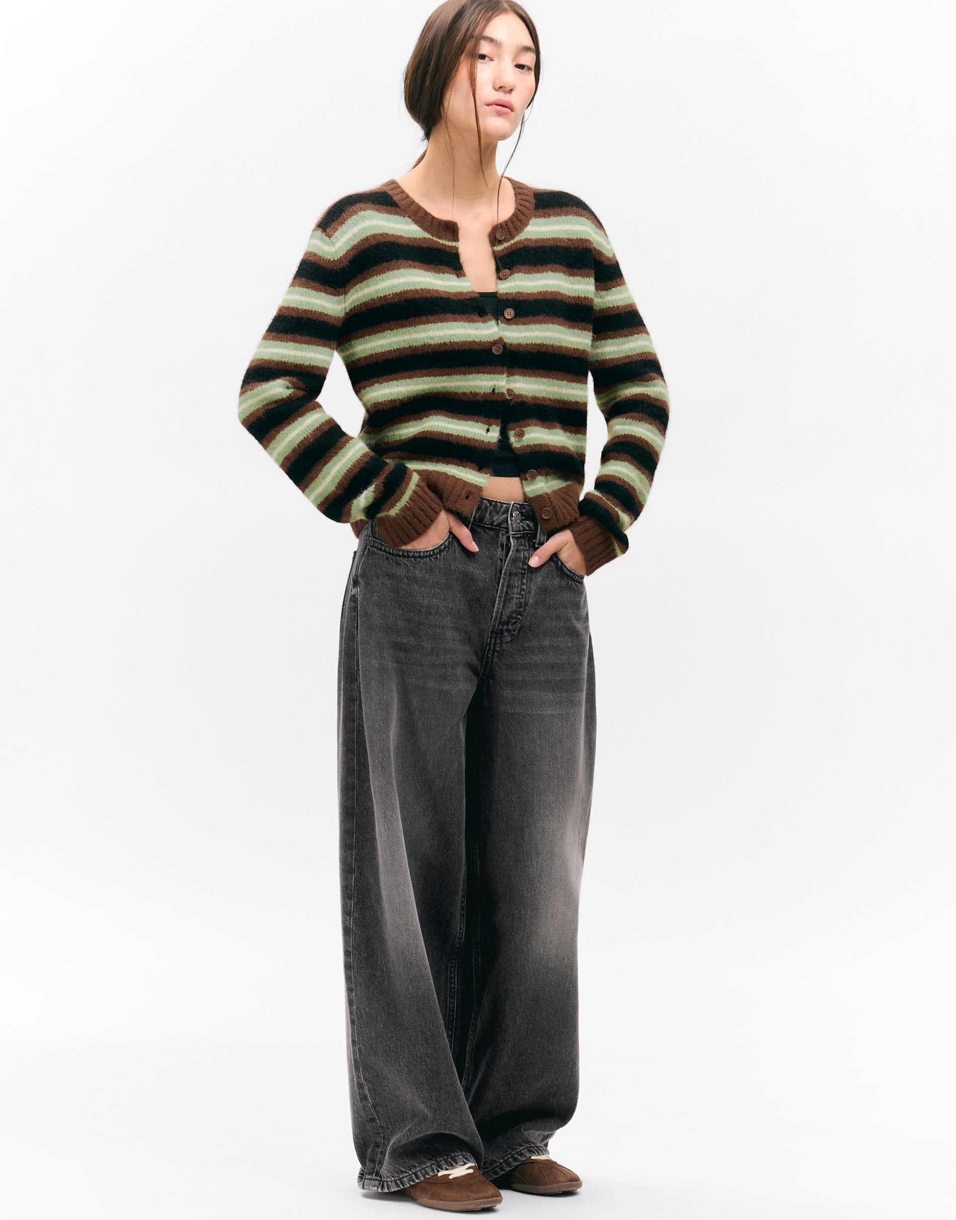 Monki button front cardigan in green stripe