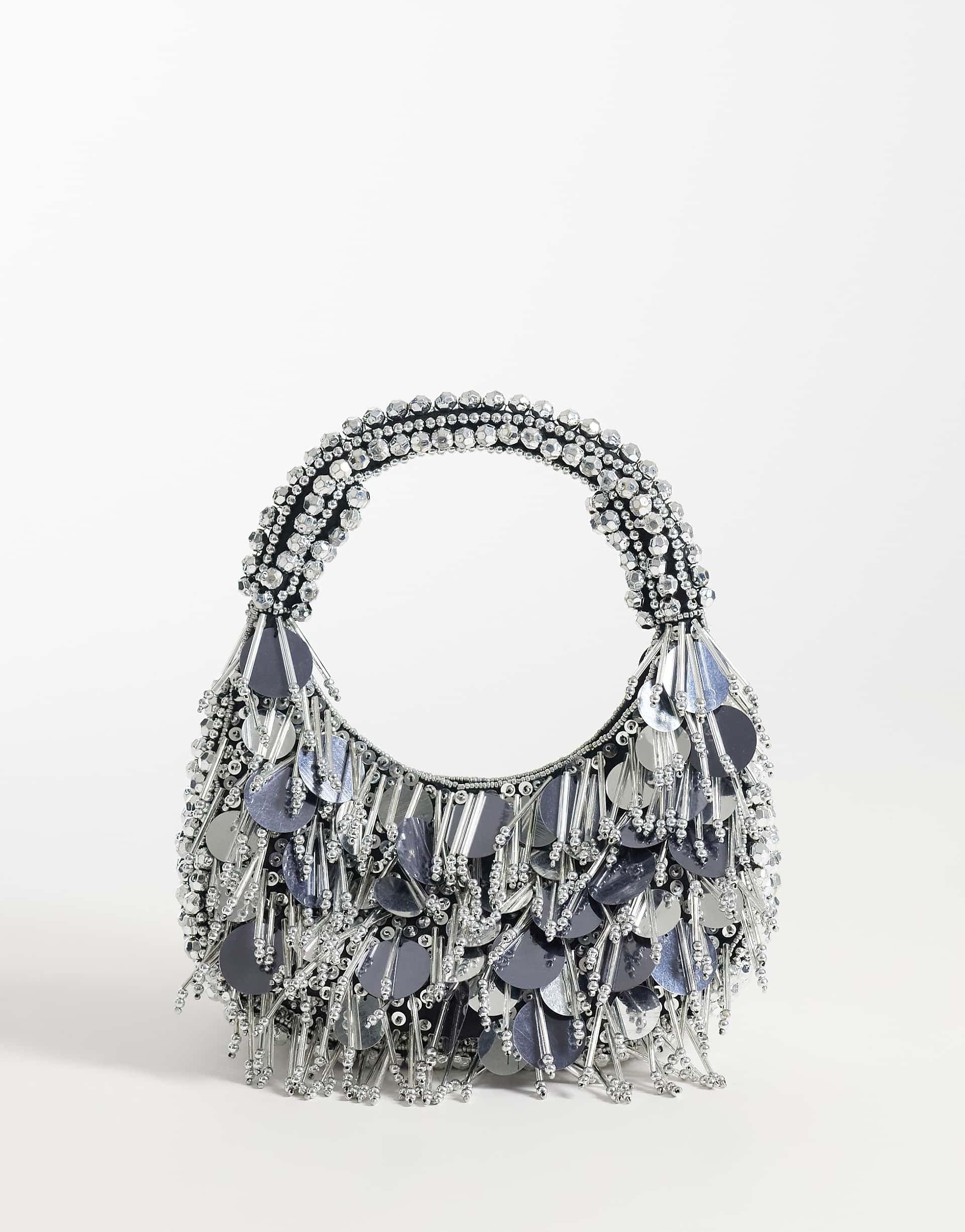 ASOS DESIGN embellished scoop sequin and bead bag in silver