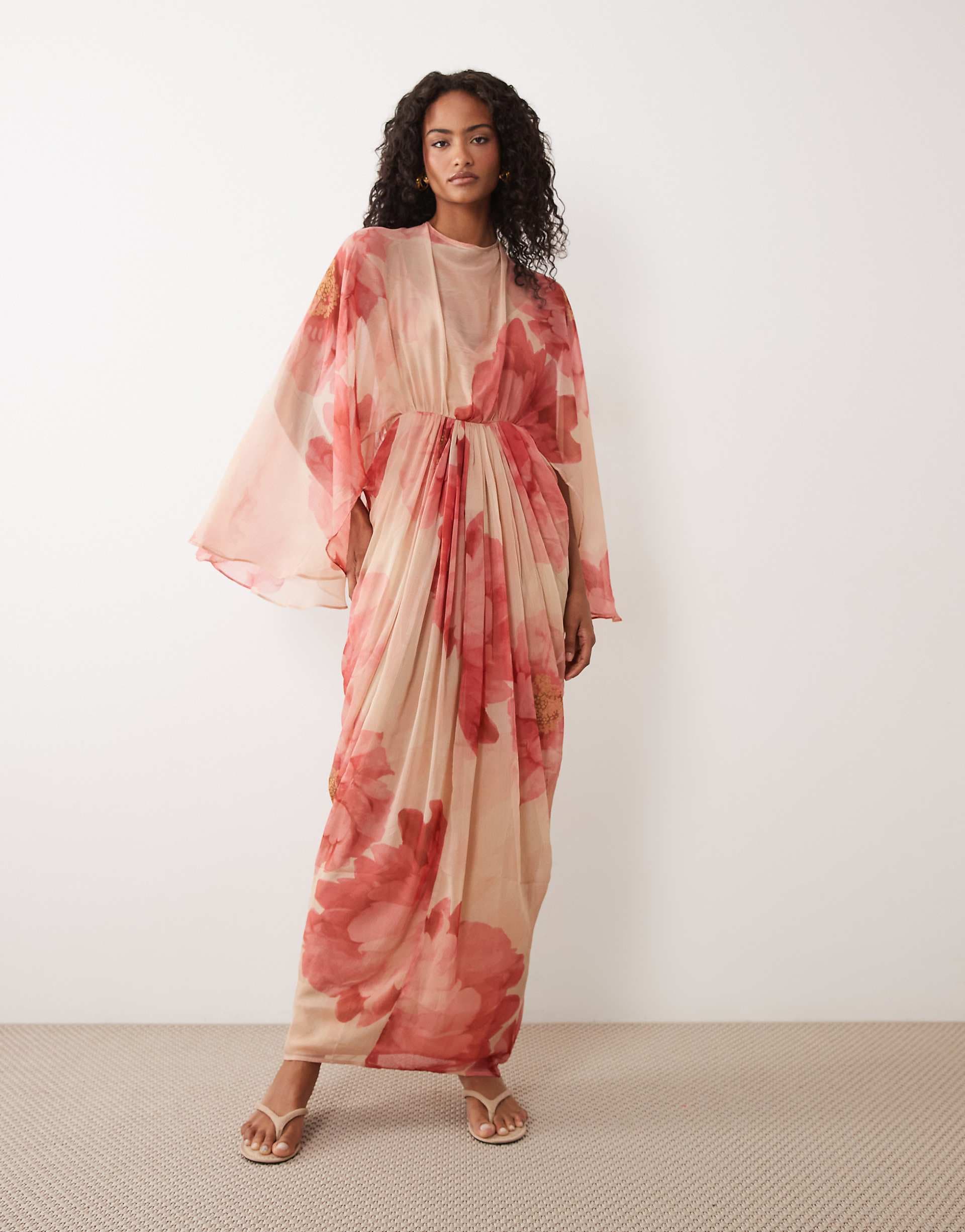 ASOS DESIGN draped cape bodice with skirt and open back with tassel detail maxi dress in pink floral