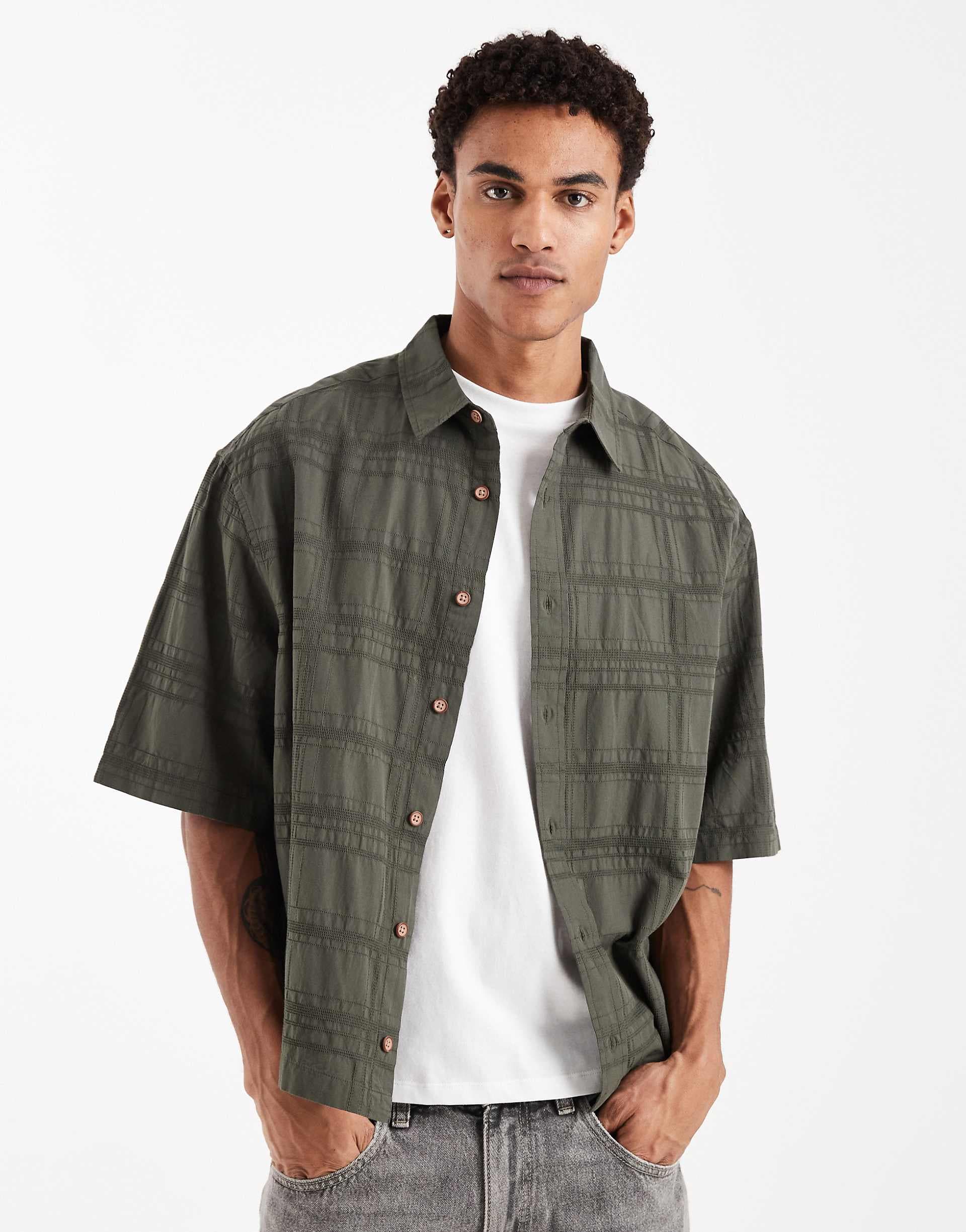 ASOS DESIGN boxy oversized shirt with textured check in khaki