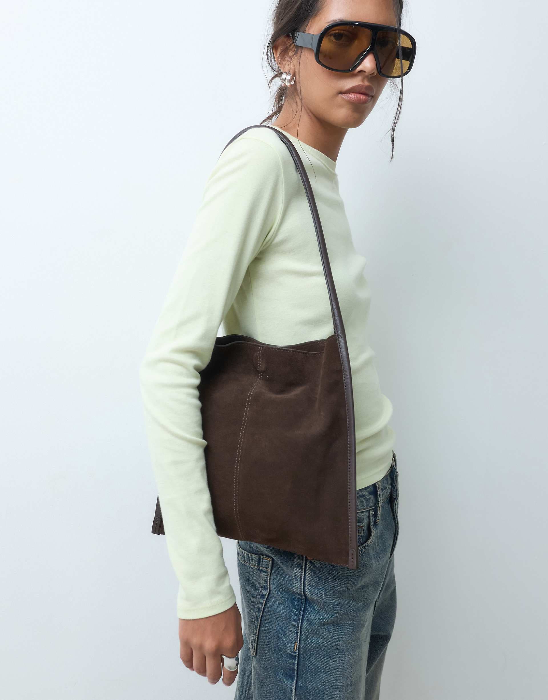 ASOS DESIGN flat suede shoulder bag in chocolate
