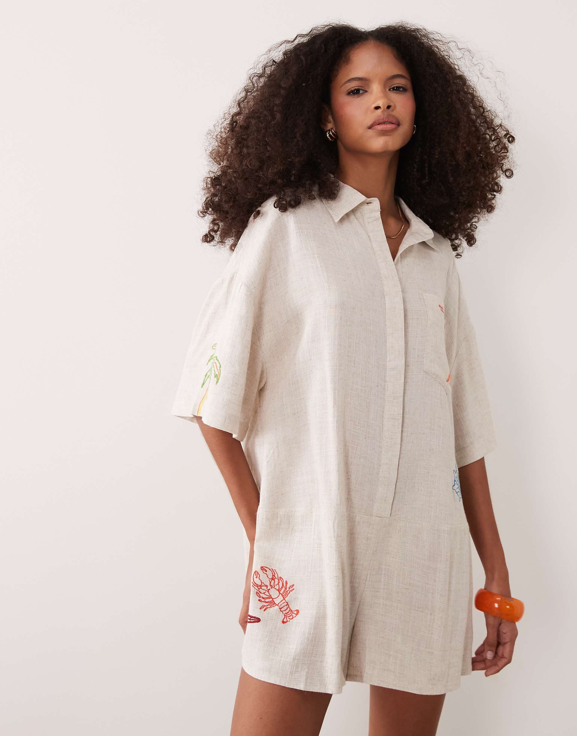 ASOS DESIGN short sleeve romper with embroidery detailing in stone