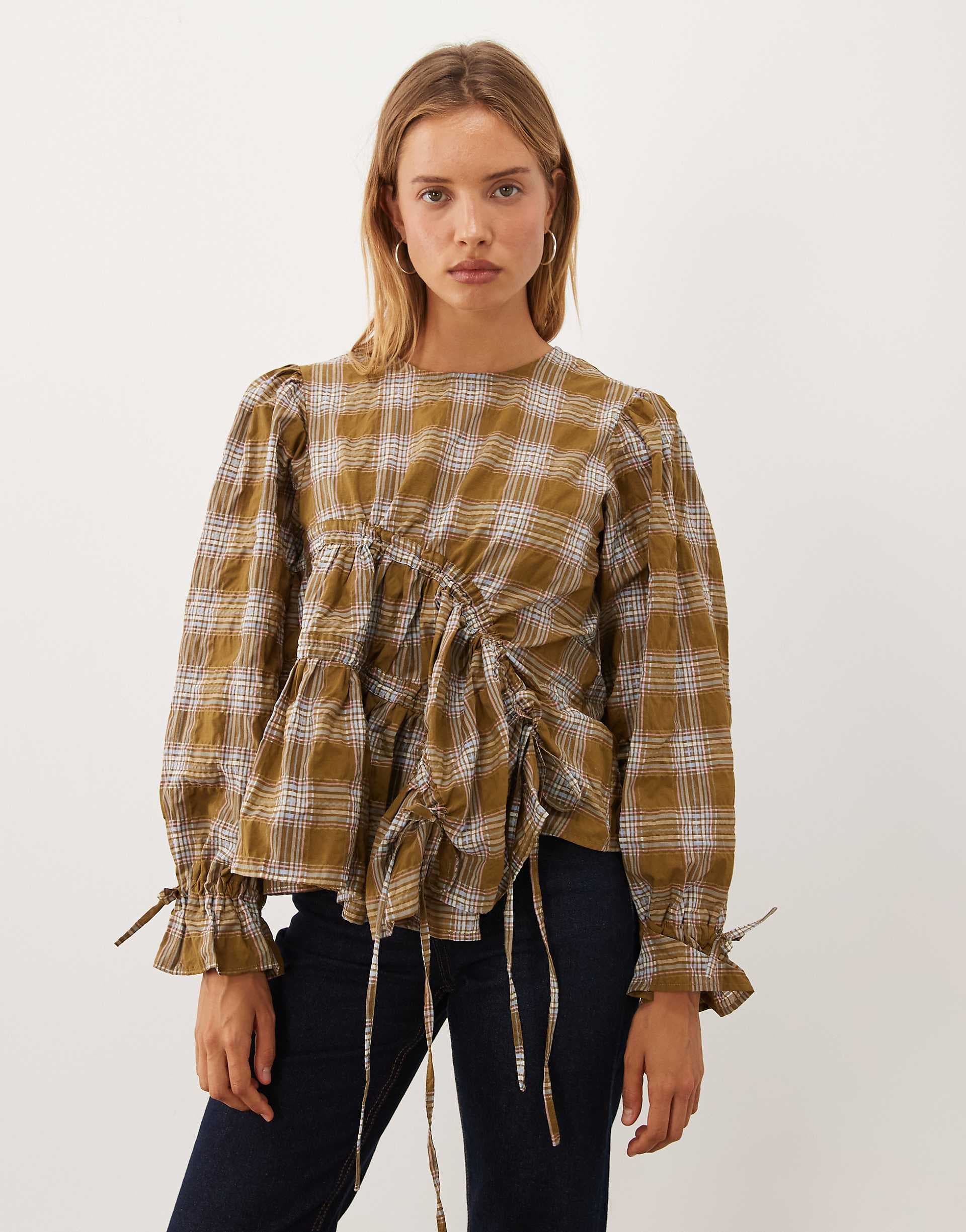 Ghospell Fern round neck long sleeve ruched asymmetric drawstring top in olive check