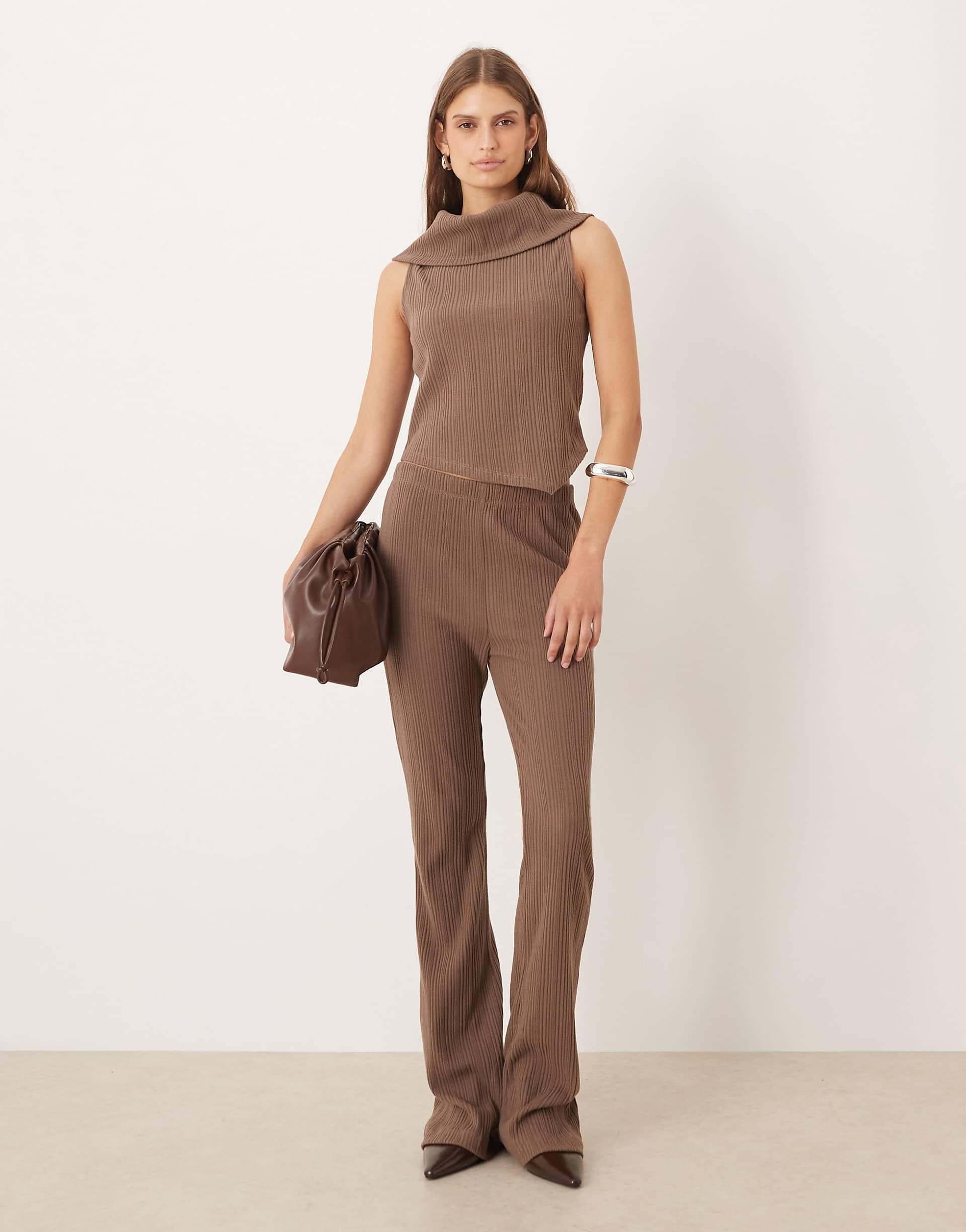 ASOS DESIGN brushed mixed ribbed pants in chocolate - part of a set