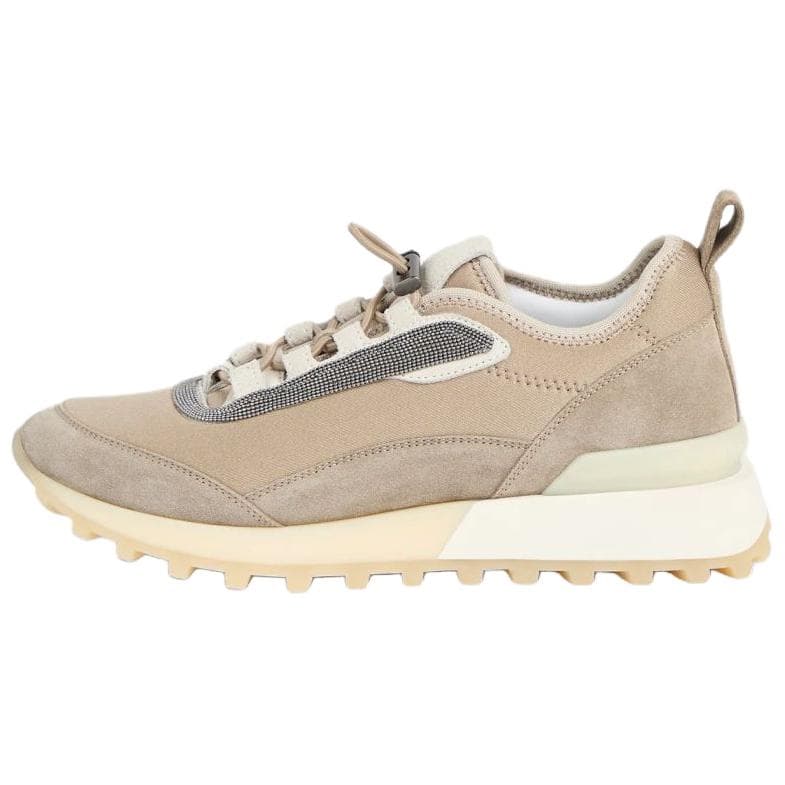 Brunello Cucinelli Women's Fabric Suede Round Toe Drawstring Bead Decoration Patchwork Low-Top Casual Shoes Beige