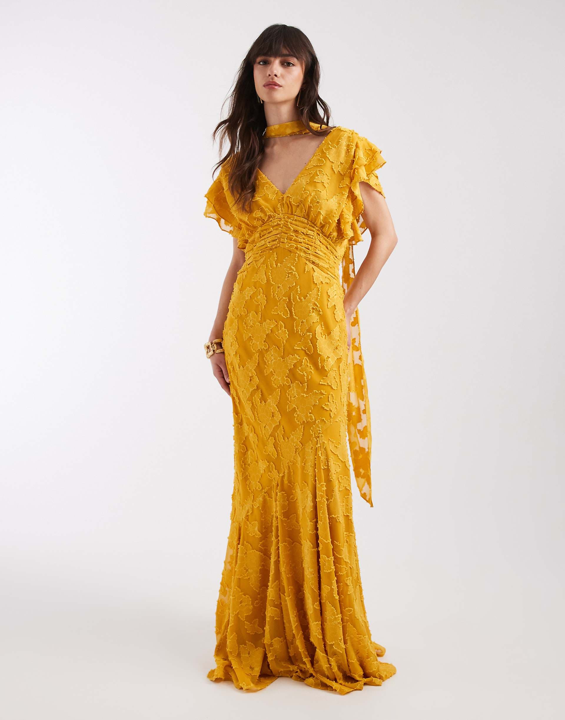 Pretty Lavish v neck frill jacquard godet maxi dress in ochre