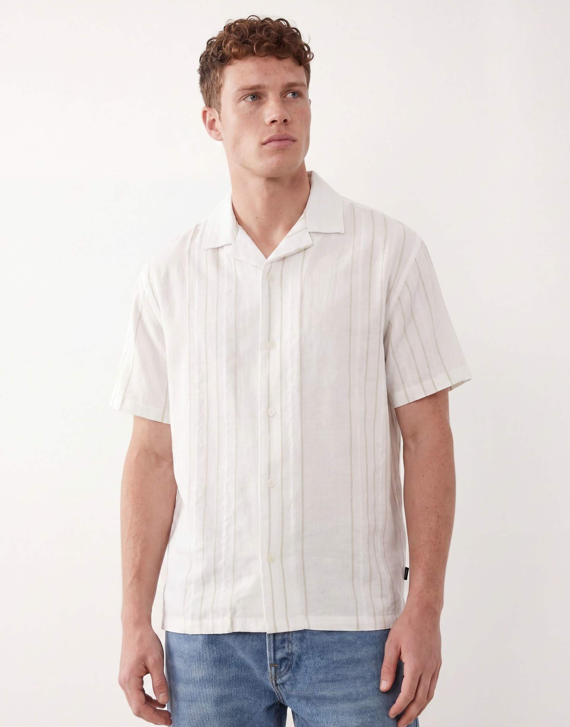 Jack & Jones Premium linen blend short sleeve shirt with green stripes in white