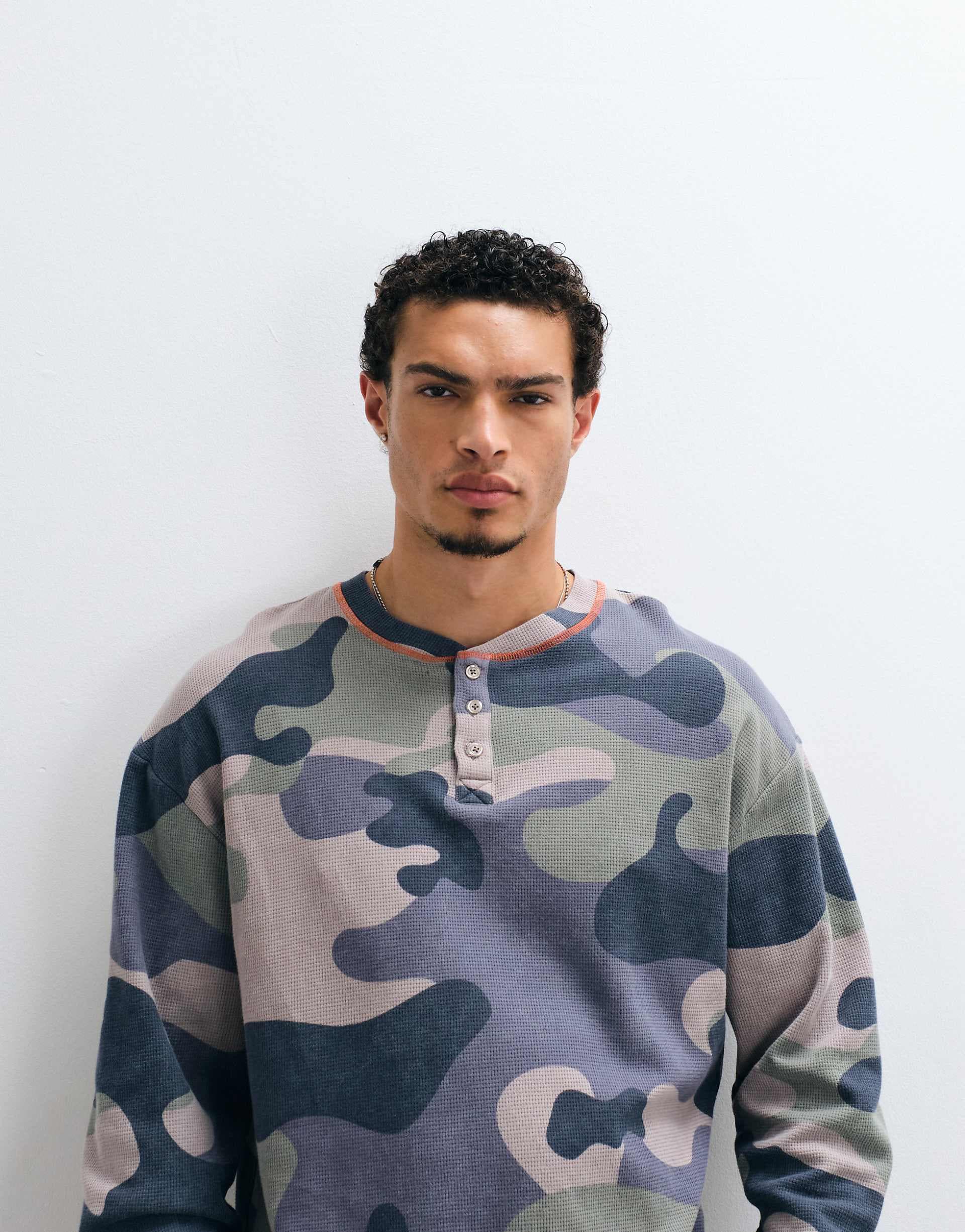 COLLUSION washed long sleeve waffle T-shirt in camo