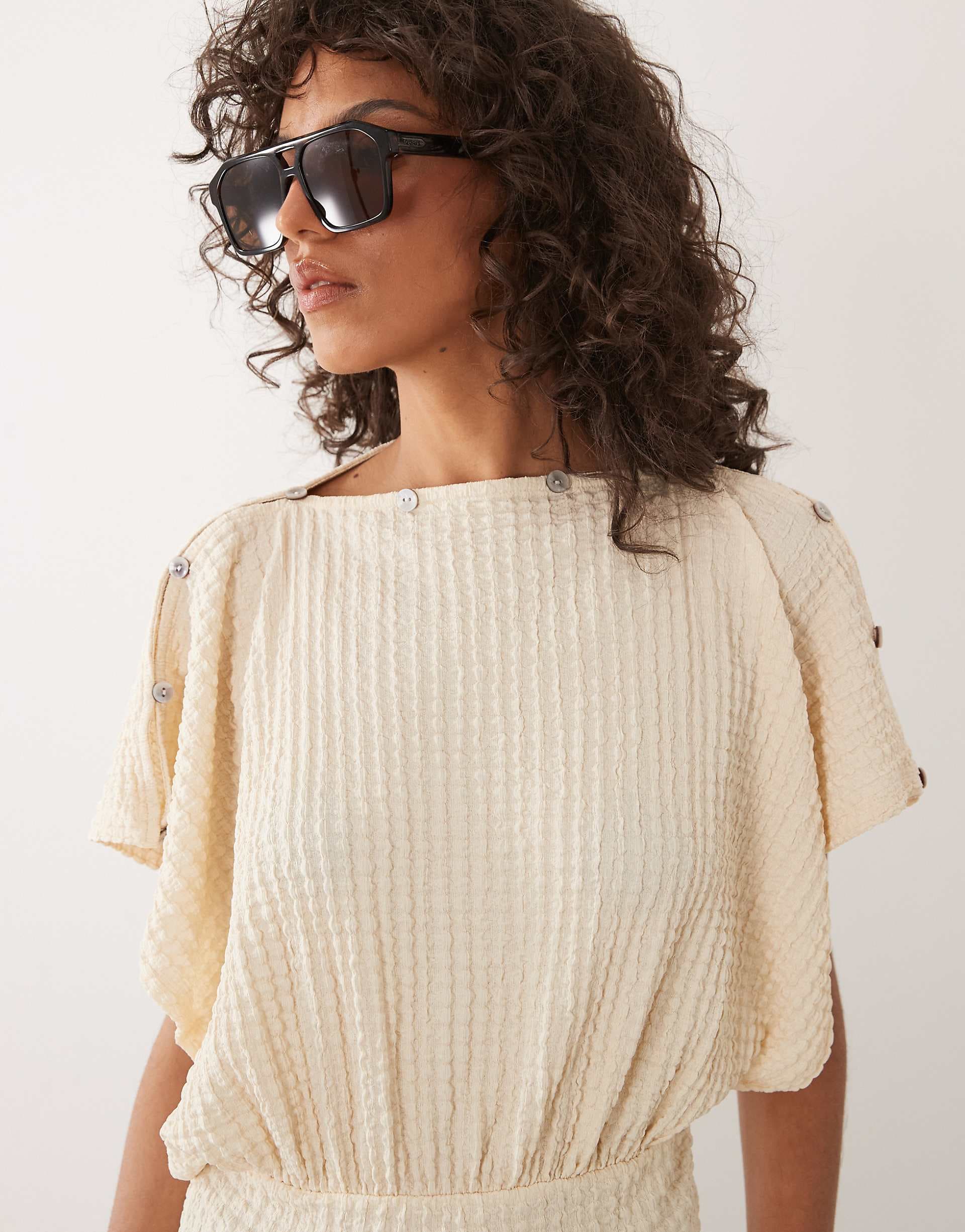 ASOS DESIGN textured multiway button top in ecru