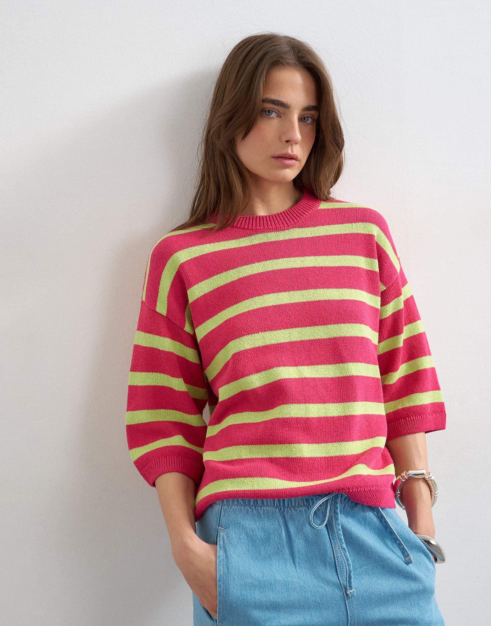 Topshop knit half sleeve relaxed fit T-shirt in pink and lime