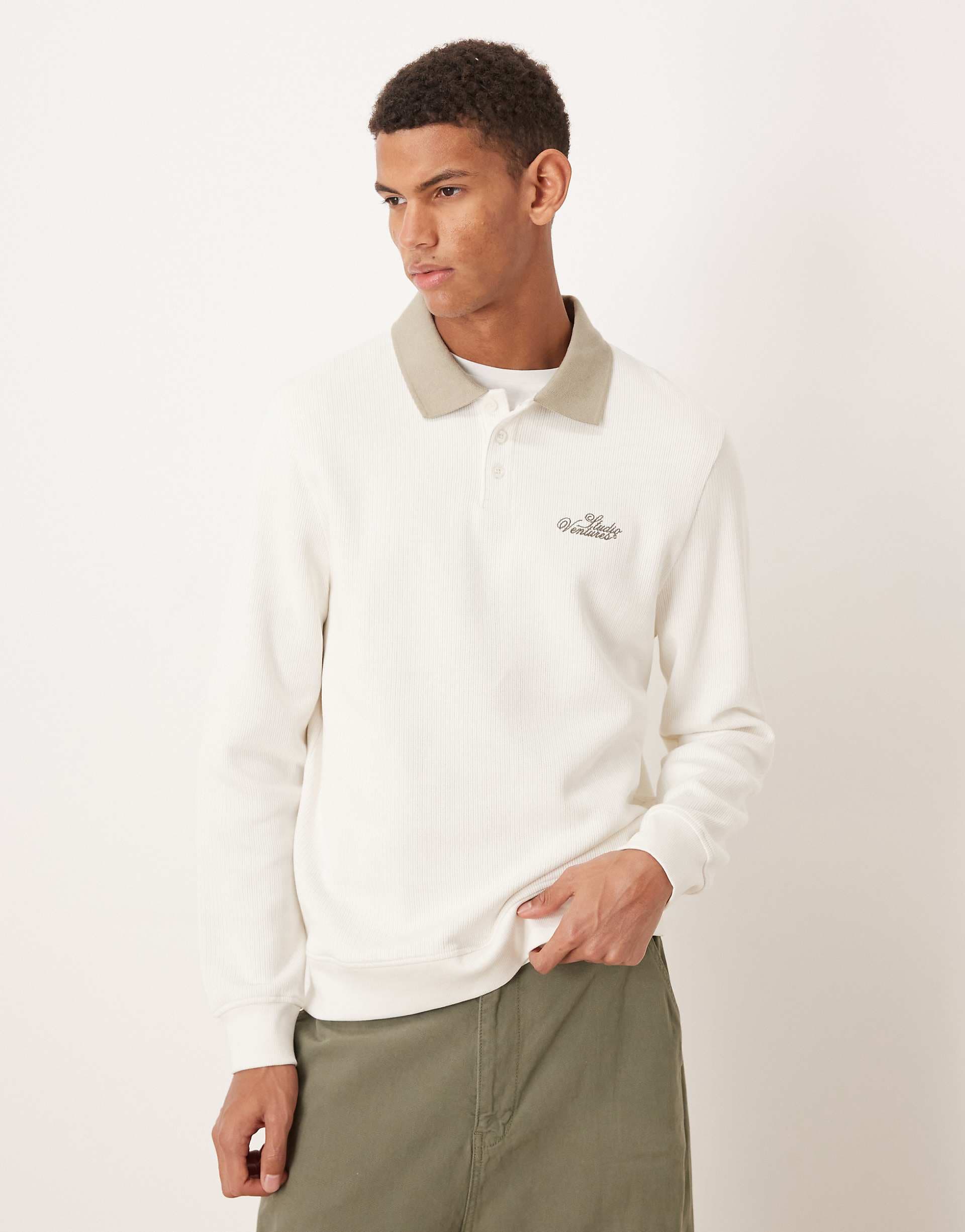 ASOS DESIGN polo sweatshirt with contrast collar and chest embroidery in off white