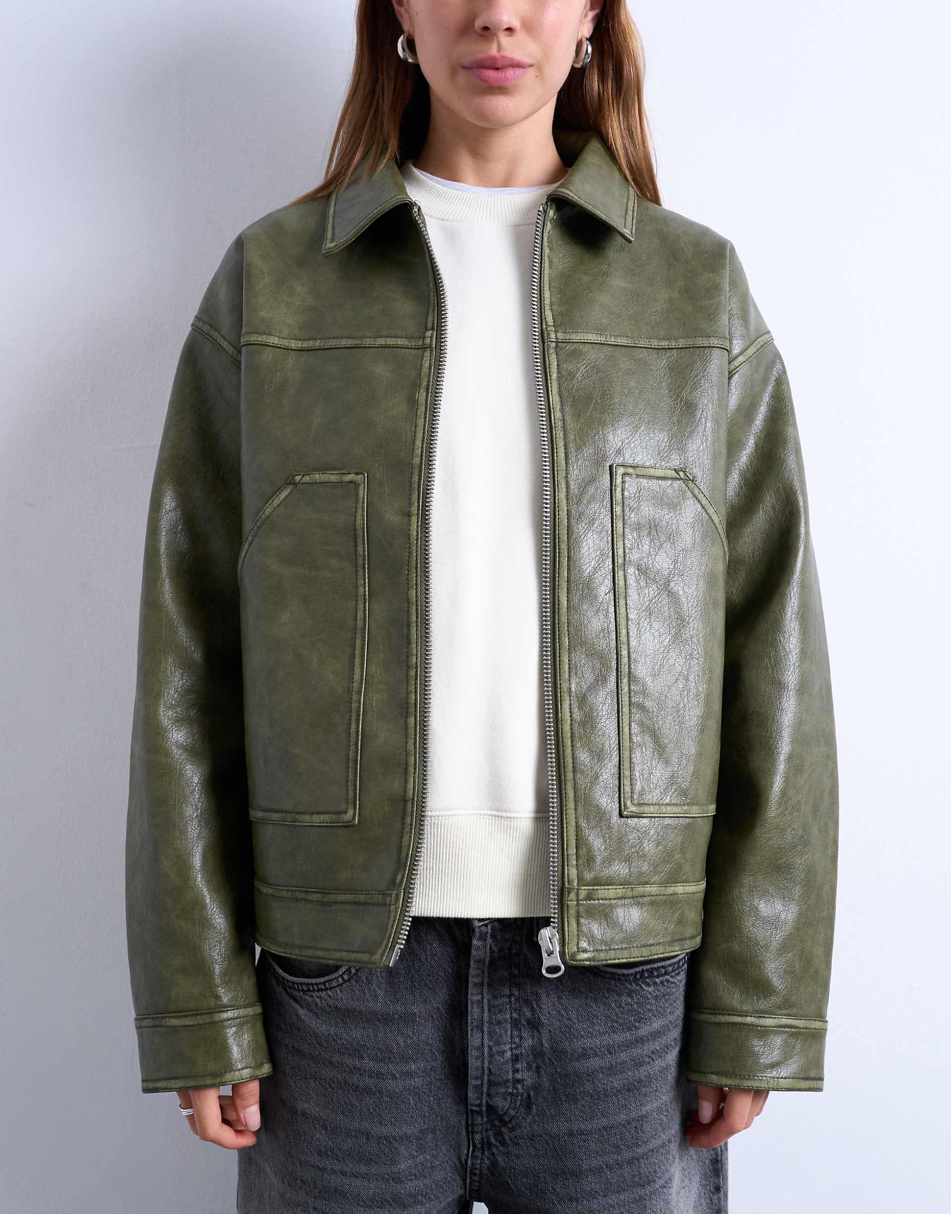 Topshop faux leather zip up jacket with patch pockets in washed green