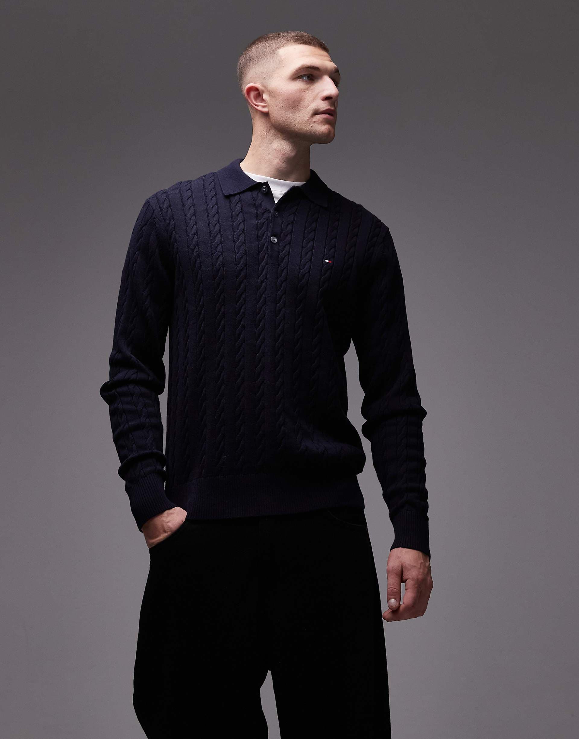 Tommy Hilfiger cable knit long sleeve polo shirt in navy