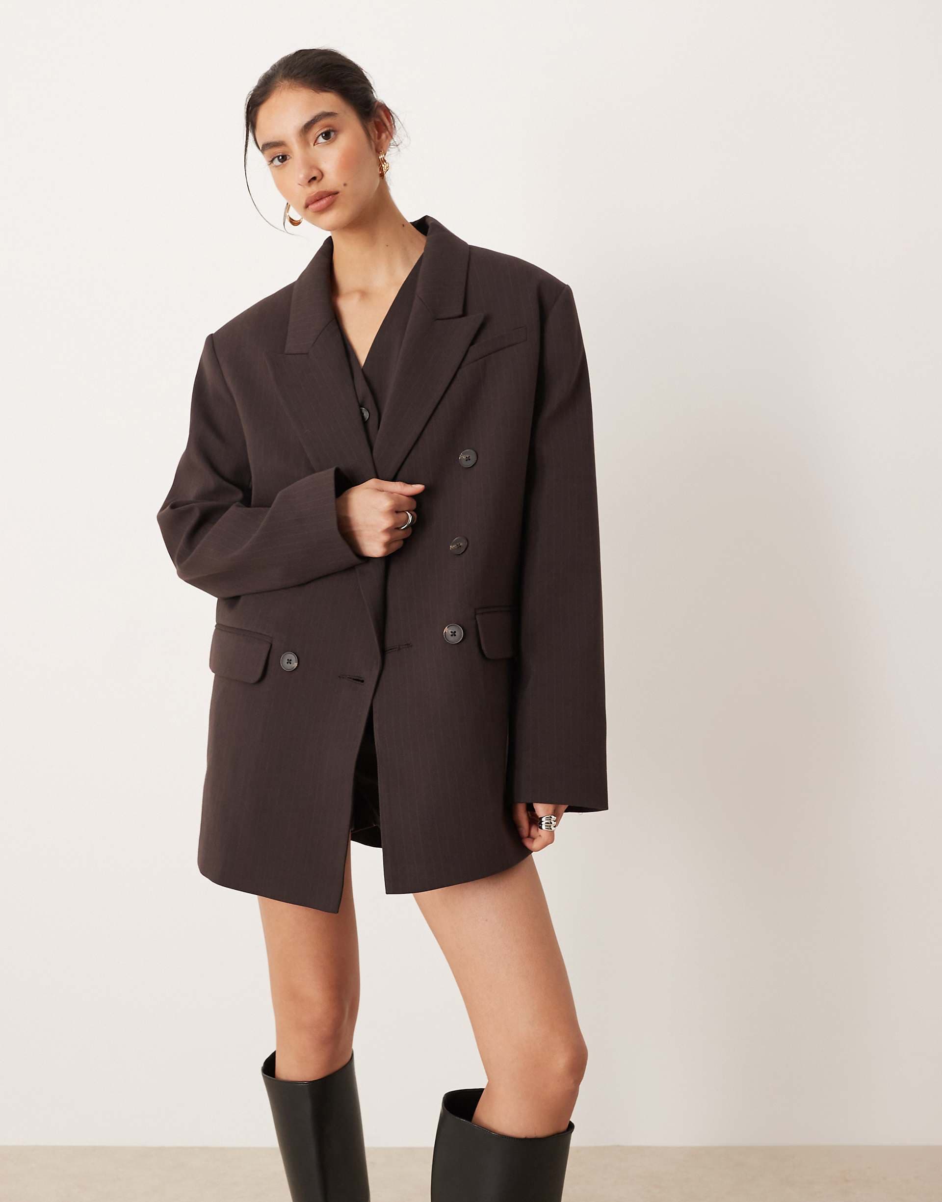 ASOS DESIGN tailored double breasted power shoulder blazer in chocolate pinstripe