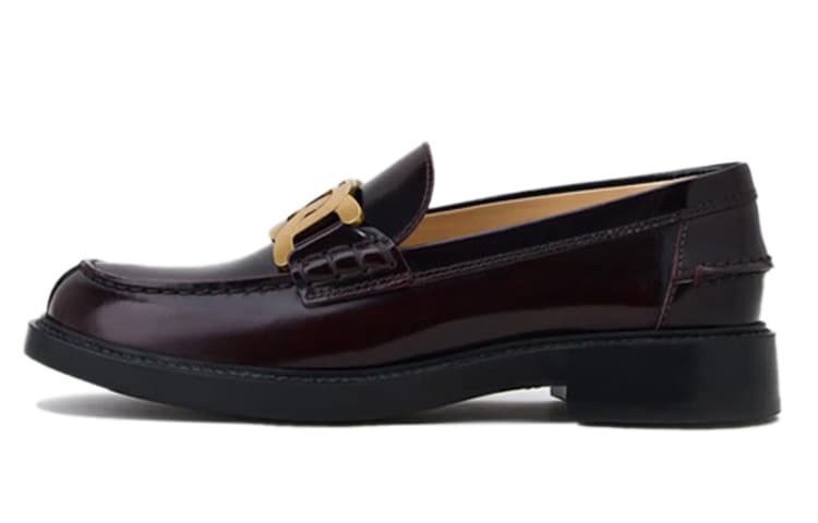 TOD'S KATE Cowhide Leather Flat Comfortable Versatile Casual Loafers Women's Red Brown