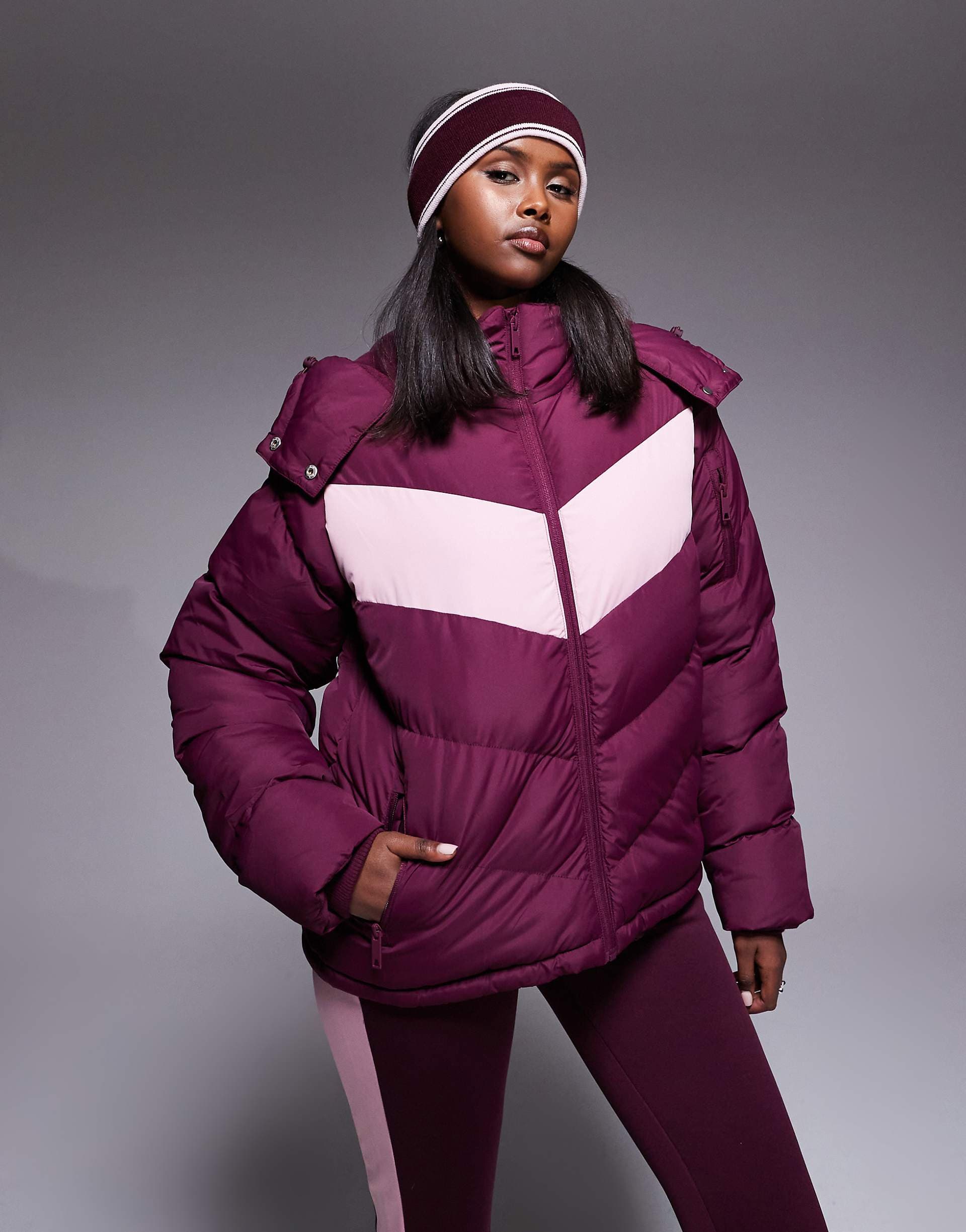 Threadbare Ski puffer jacket with pink panel contrast in burgundy