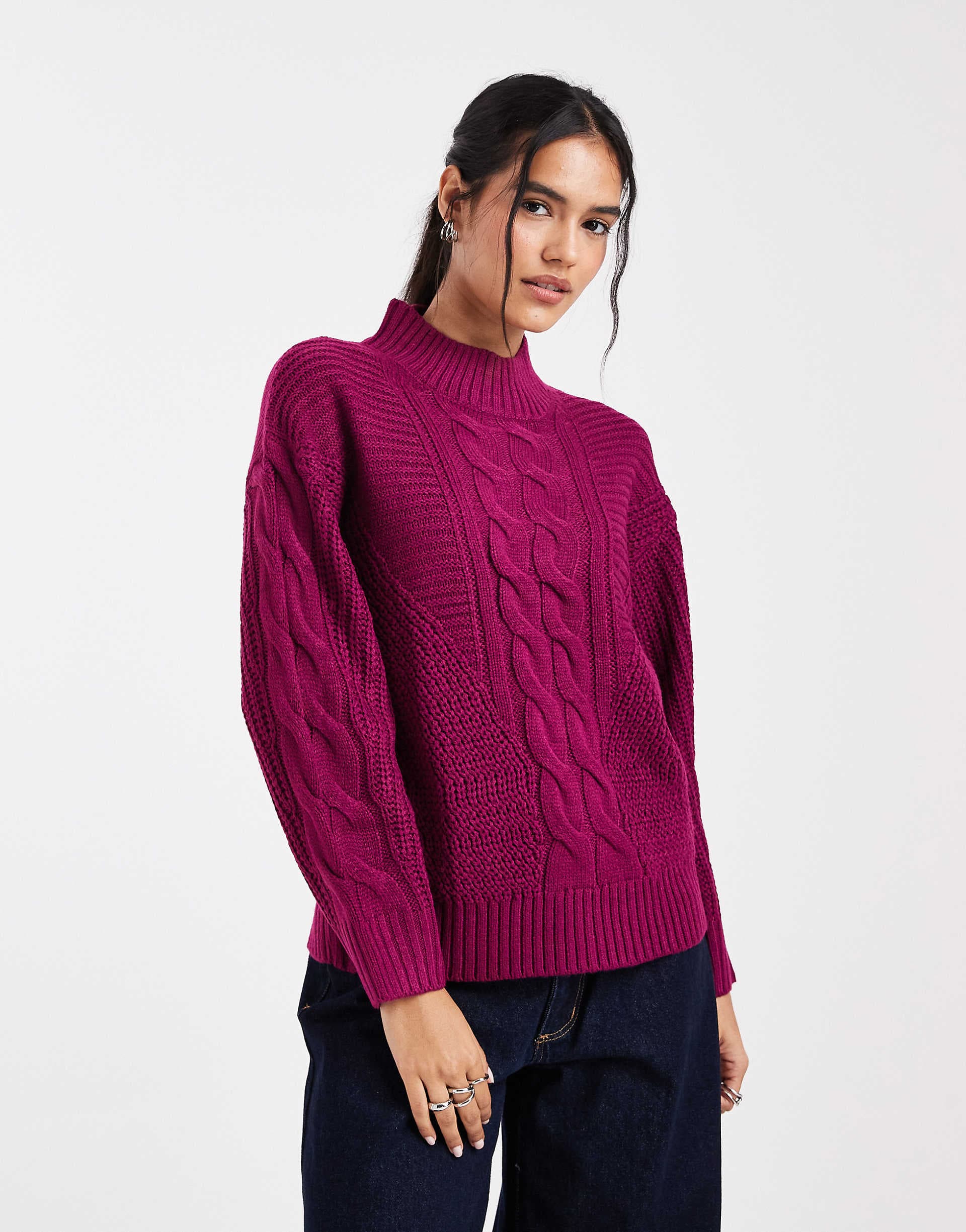 Wednesday's Girl cable knit high neck sweater in aubergine