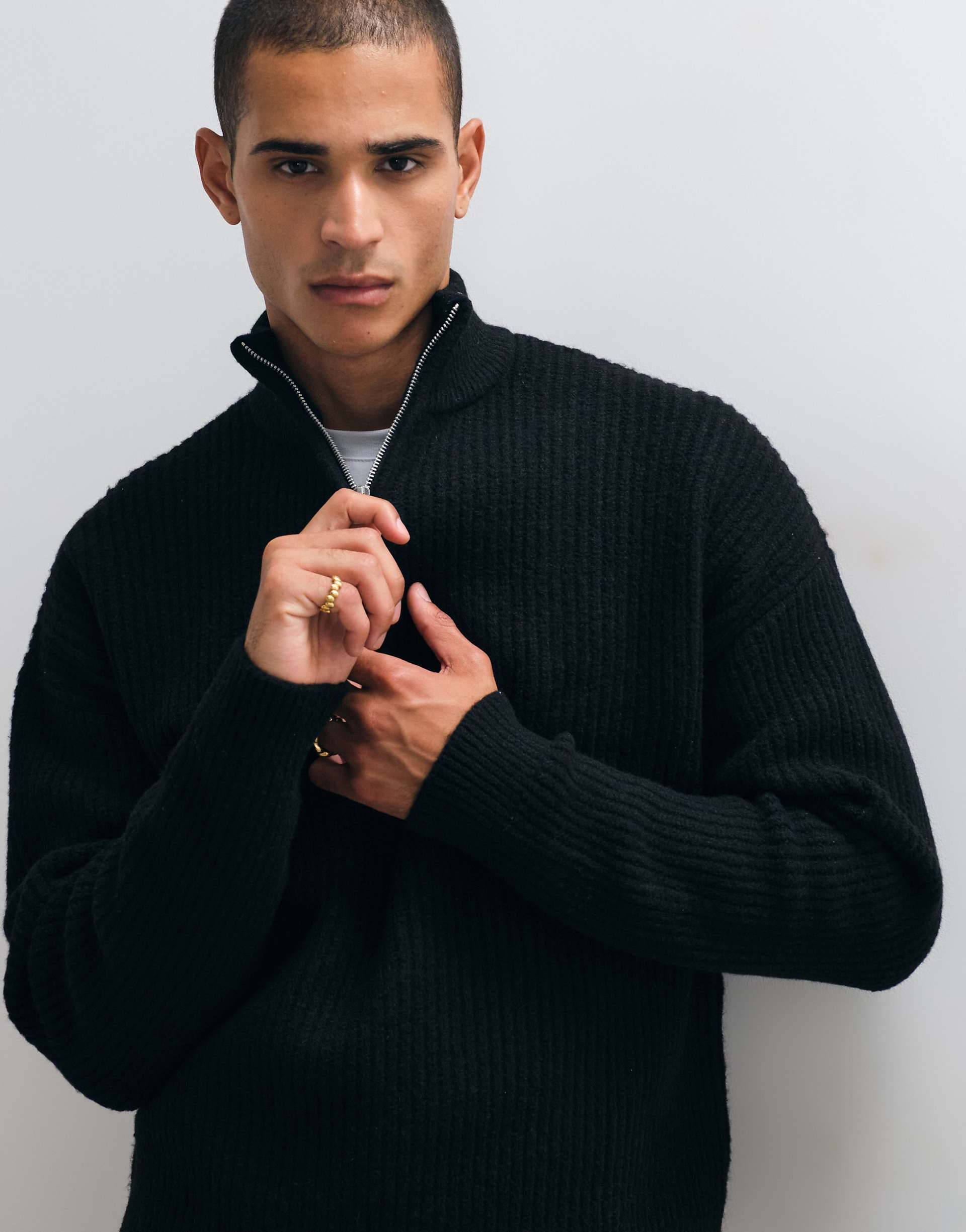 ASOS DESIGN super oversized knit wool blend half zip ribbed sweater in black
