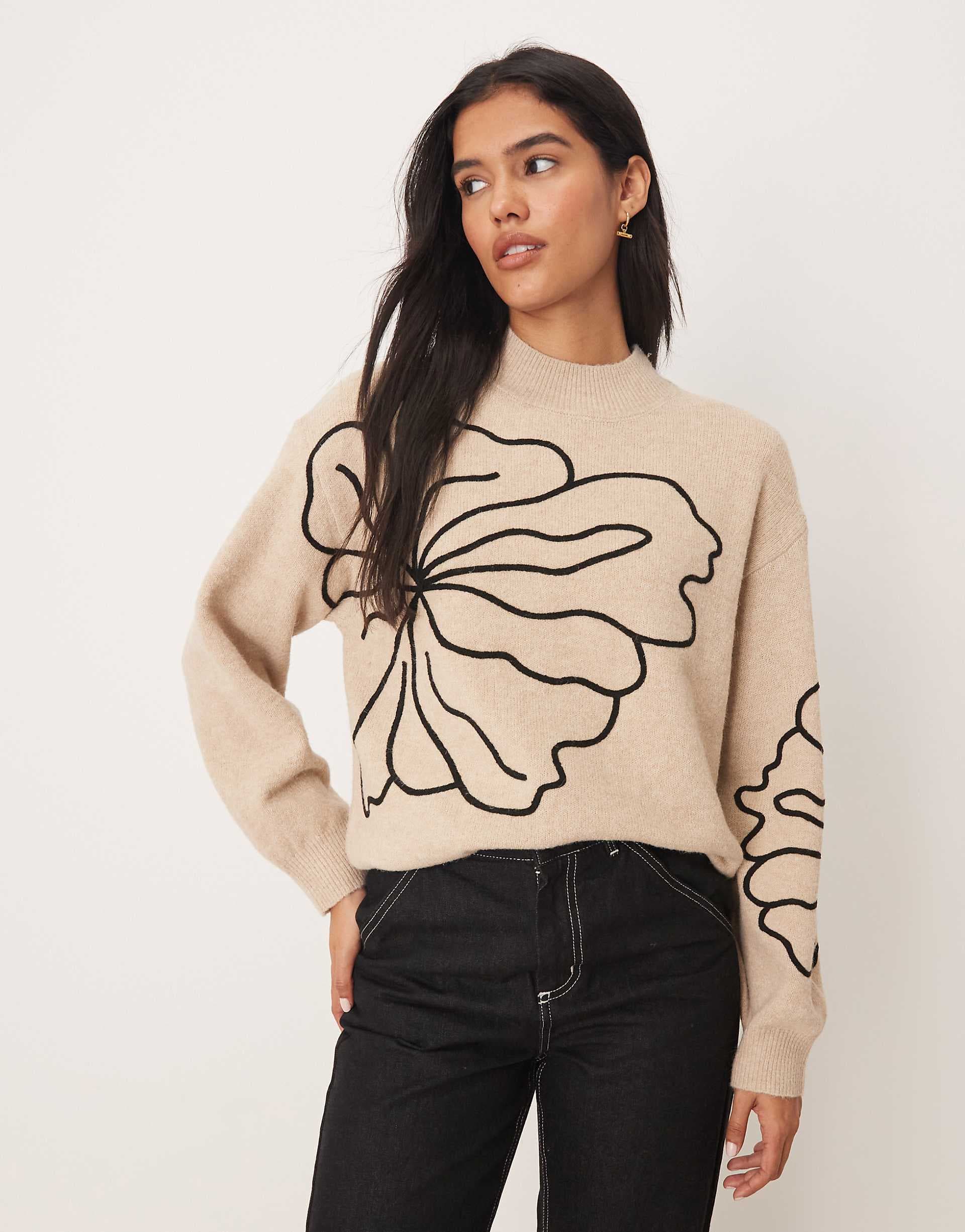 JDY floral stitch detail sweater in beige