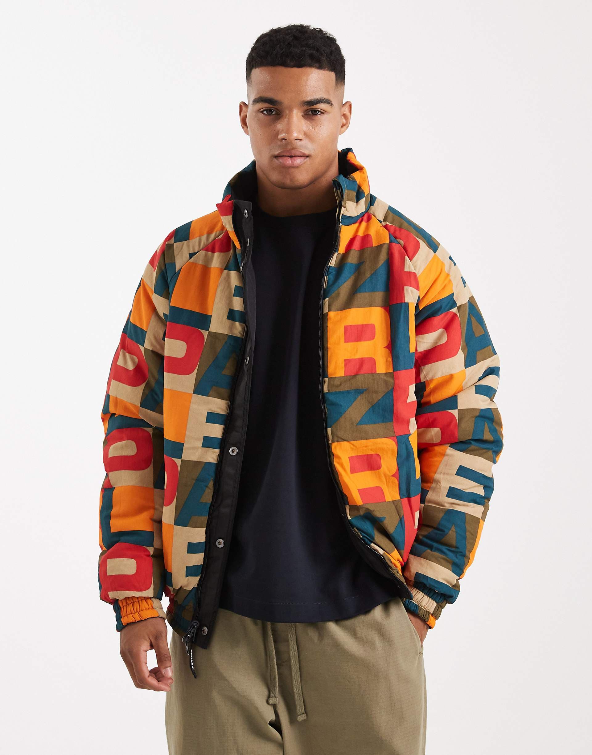 Parlez monogram logo reversible 2 way zip up puffer jacket in black/multi