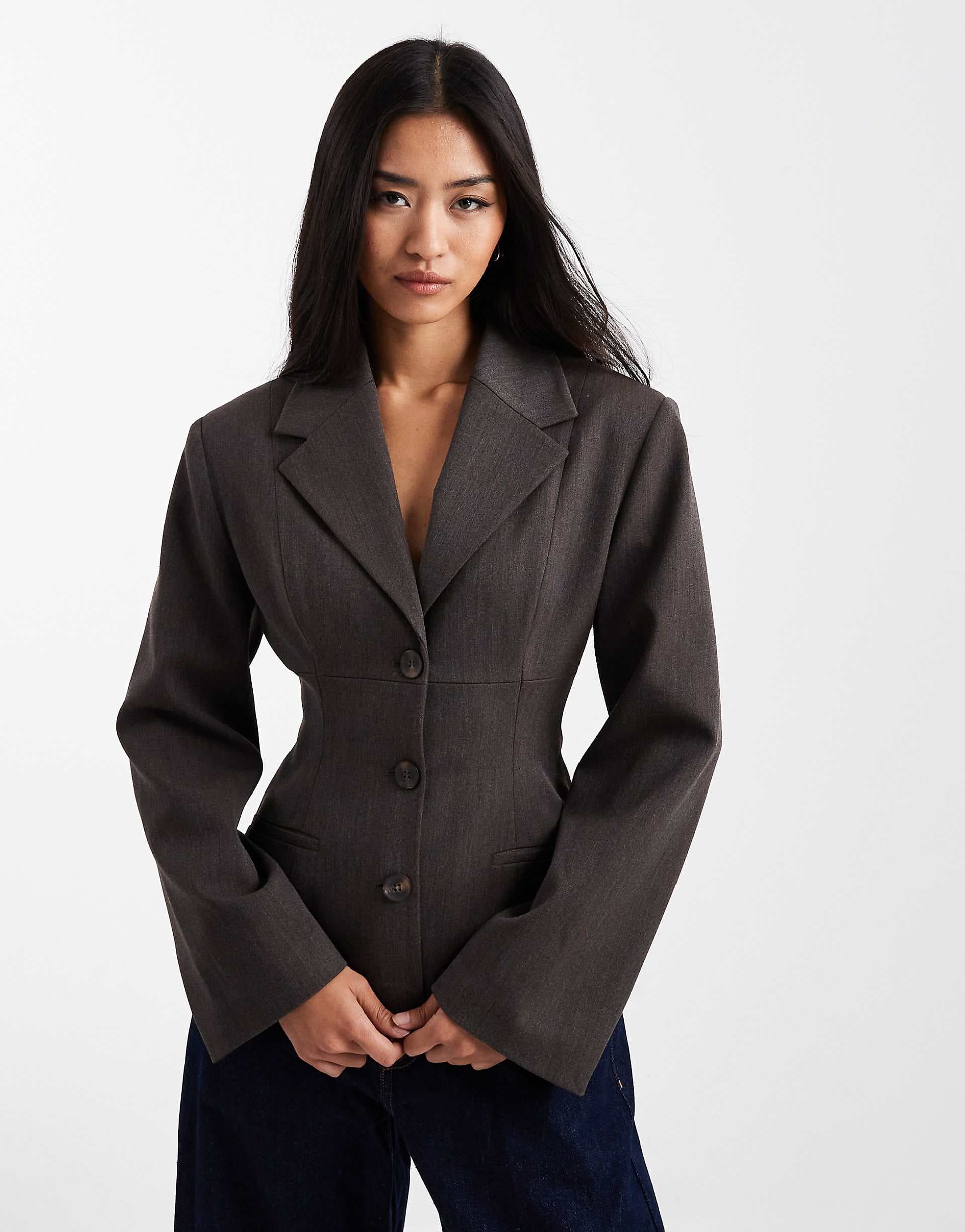 ASOS DESIGN molded cinched blazer in charcoal