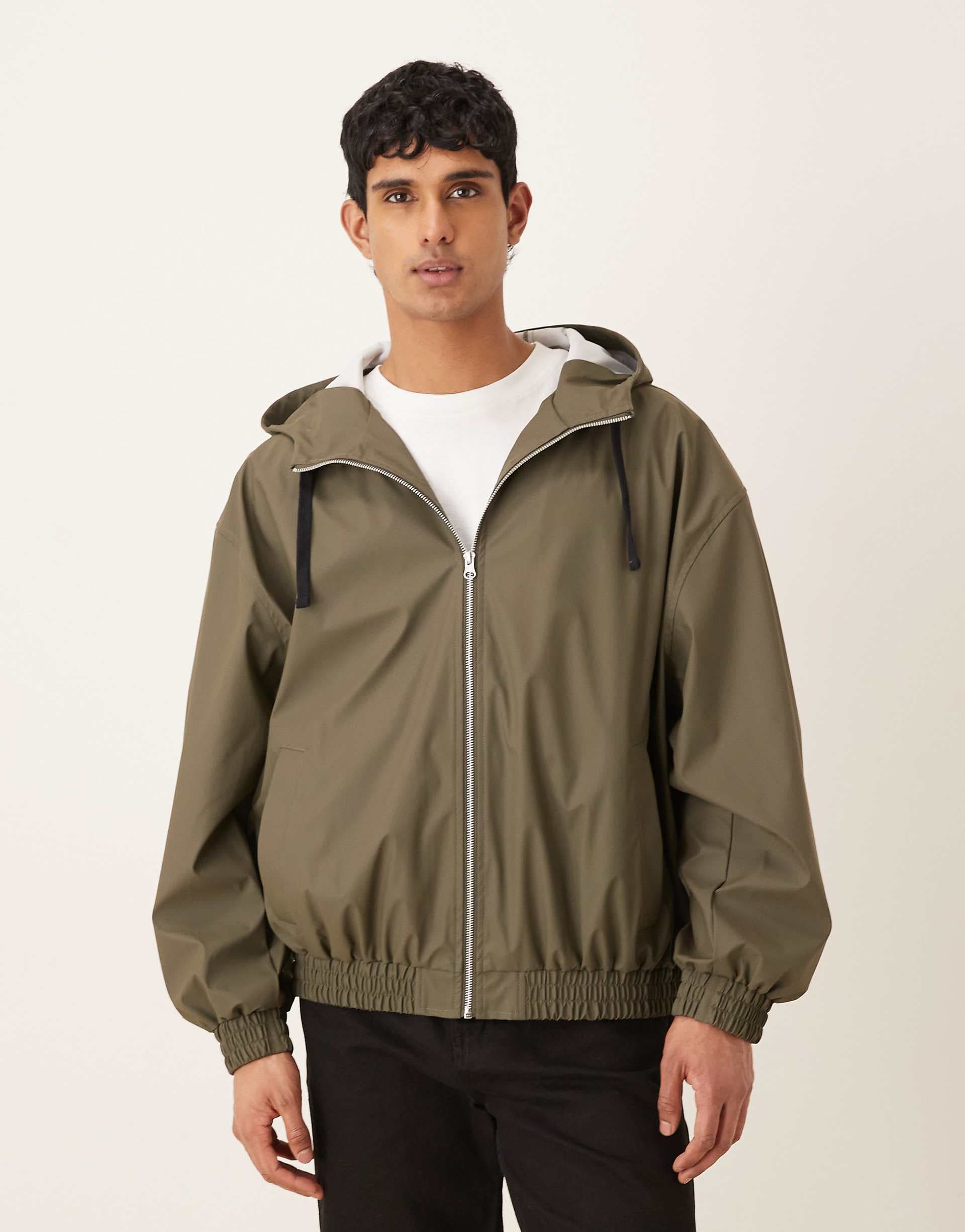 ASOS DESIGN oversized hooded rubberized jacket in khaki