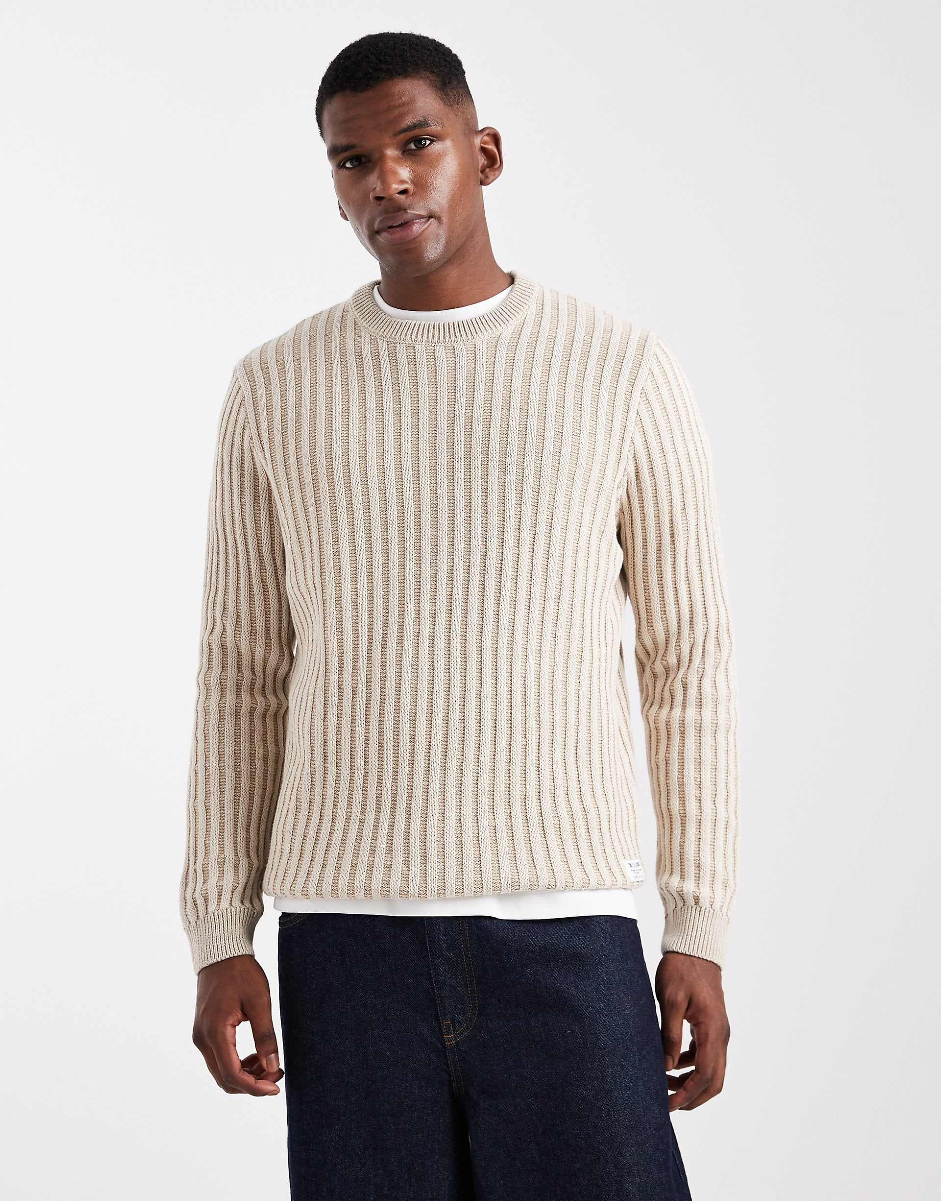 ONLY & SONS regular fit textured knit sweater in stone with cream stripe