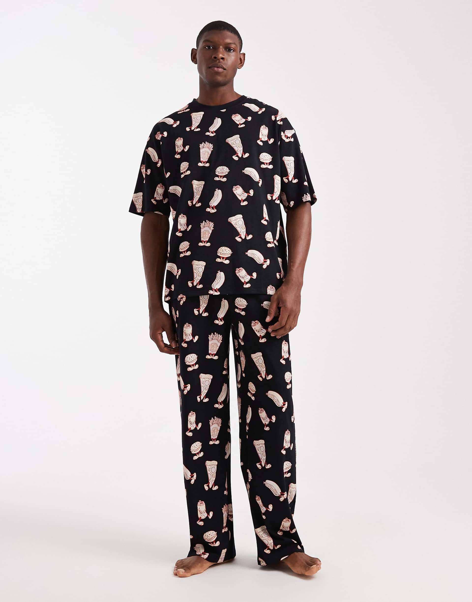 ASOS DESIGN pajama set with food graphic in black