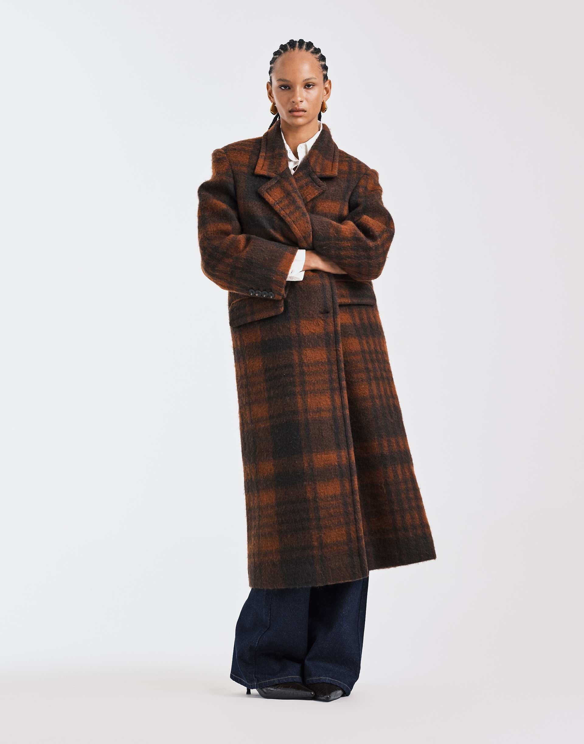 ASOS DESIGN premium brushed wool blend dad coat in brown and orange plaid