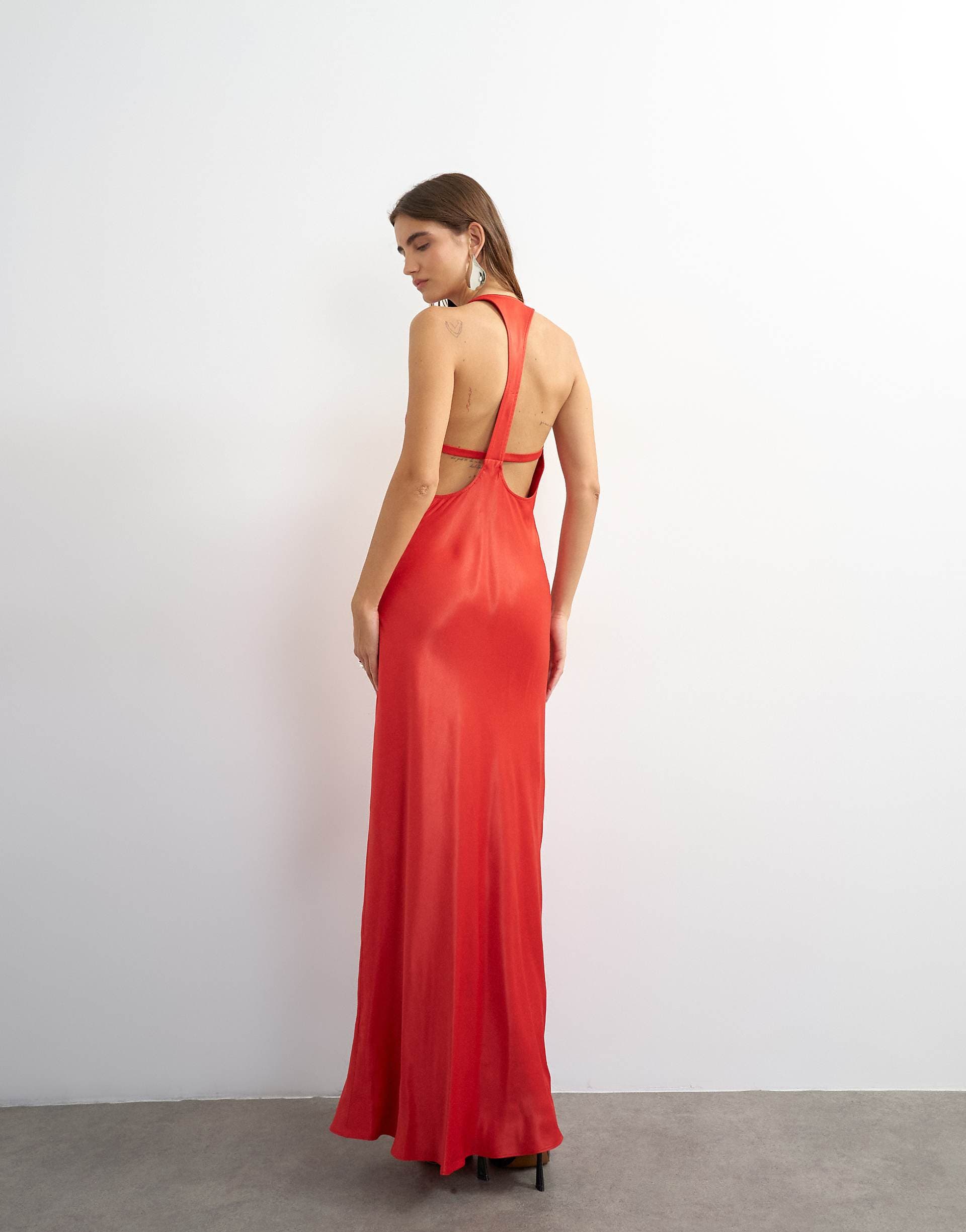 Topshop satin scoop neck maxi dress with stitched detailing in red