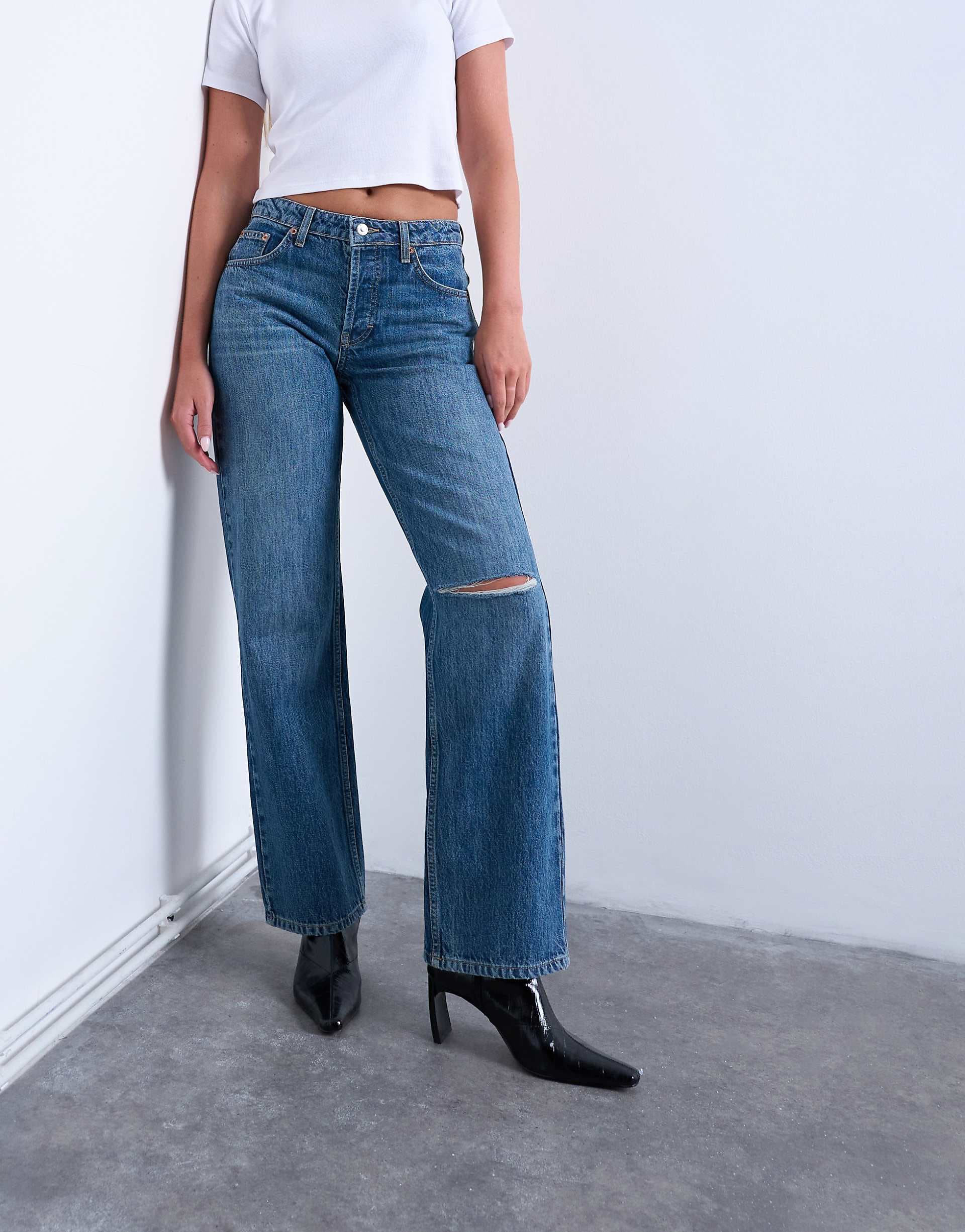 Topshop Hourglass Ember low rise straight leg jeans with knee rip in mid blue