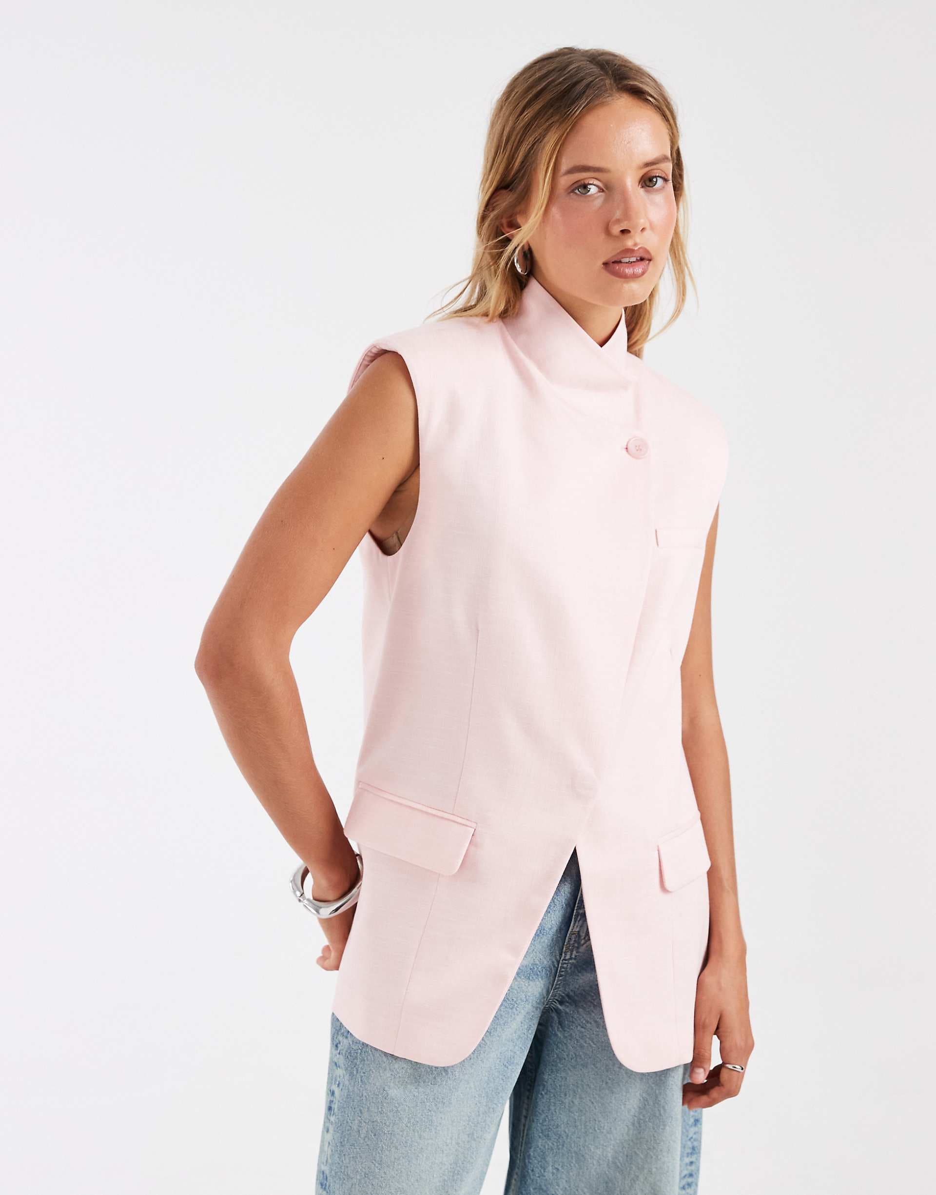ASOS DESIGN wrap front sleeveless blazer in soft pink
