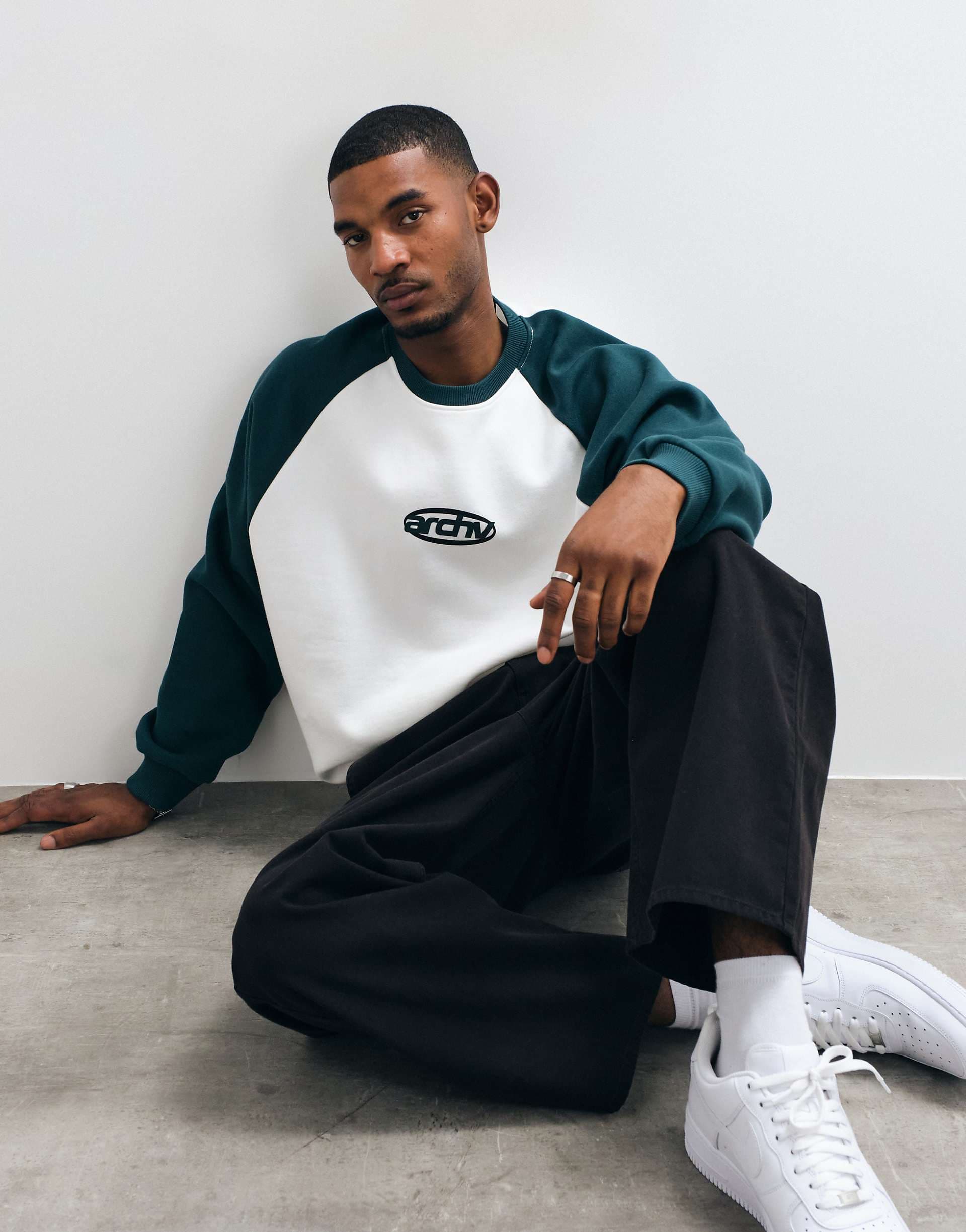 ASOS DESIGN extreme oversized crew neck sweatshirt with contrast sleeve and pigment print in ecru