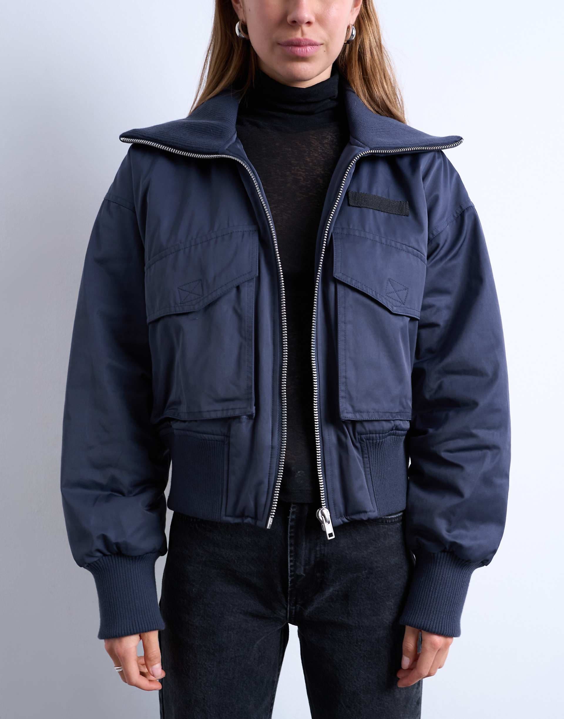 Topshop ribbed wide collar short bomber jacket in navy