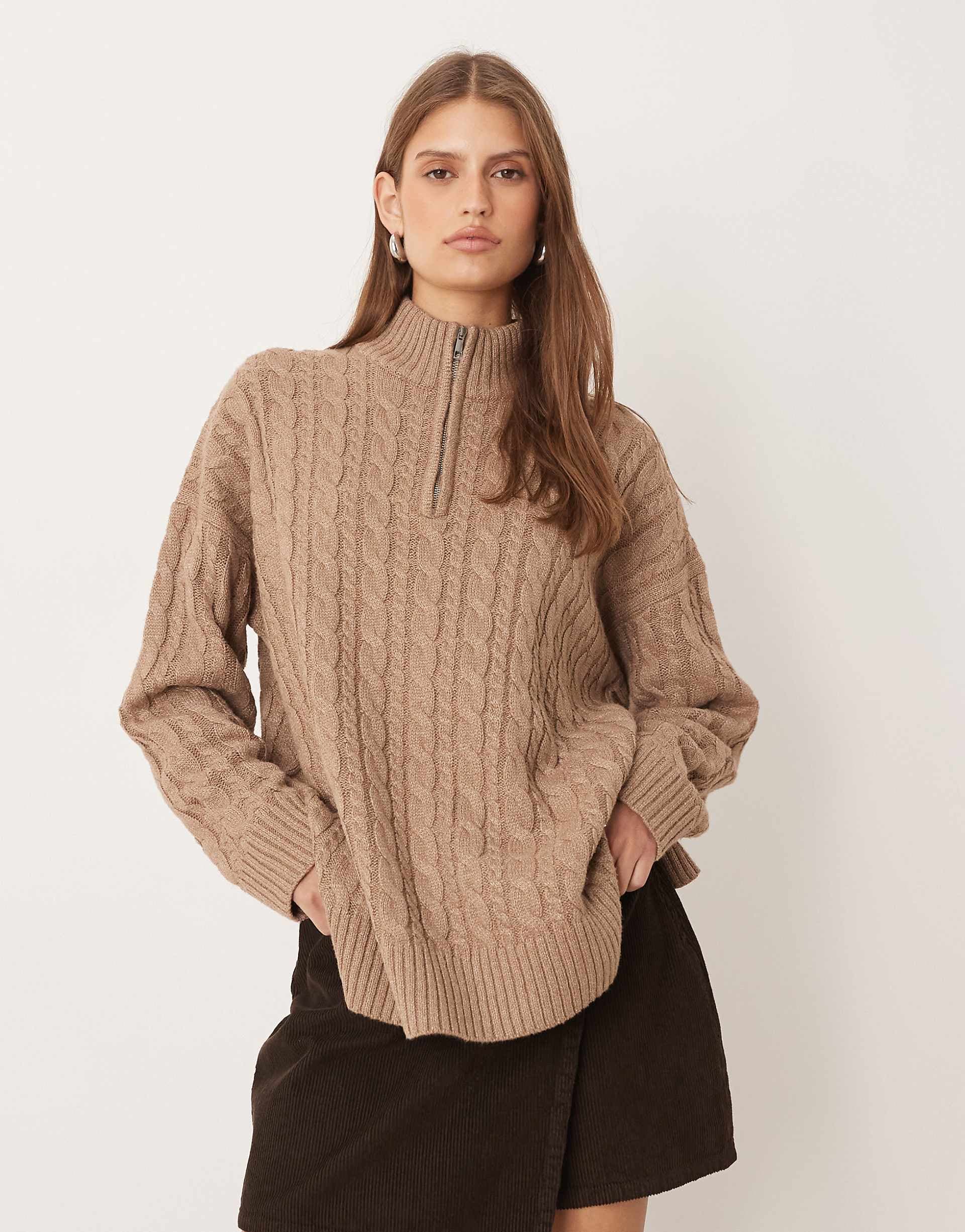 Pretty Lavish cable knit half zip neck sweater in neutral