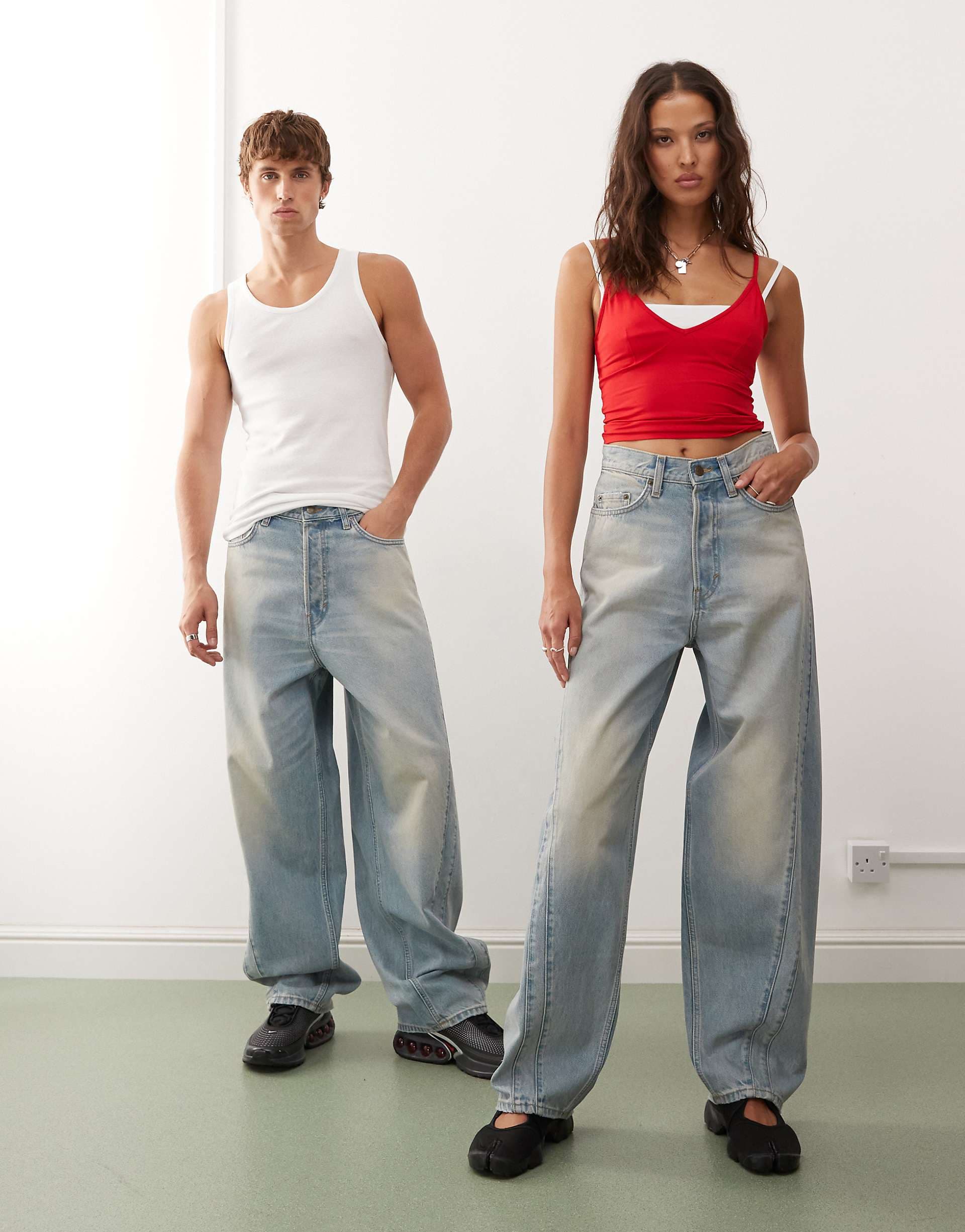 Weekday Stripe Unisex balloon leg jeans with twisted seam details in light blue wash