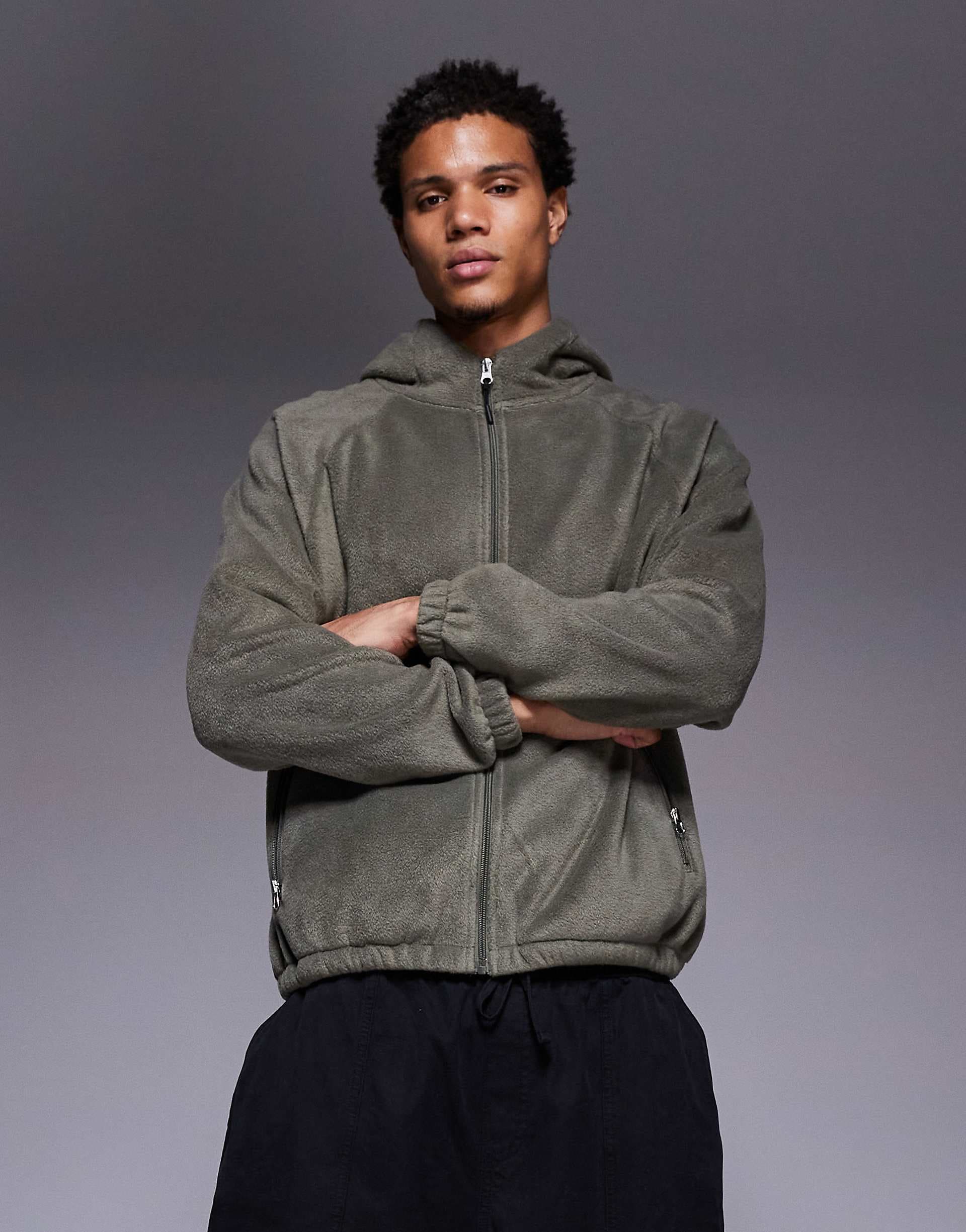 ASOS DESIGN relaxed zip through funnel neck fleece hoodie in green