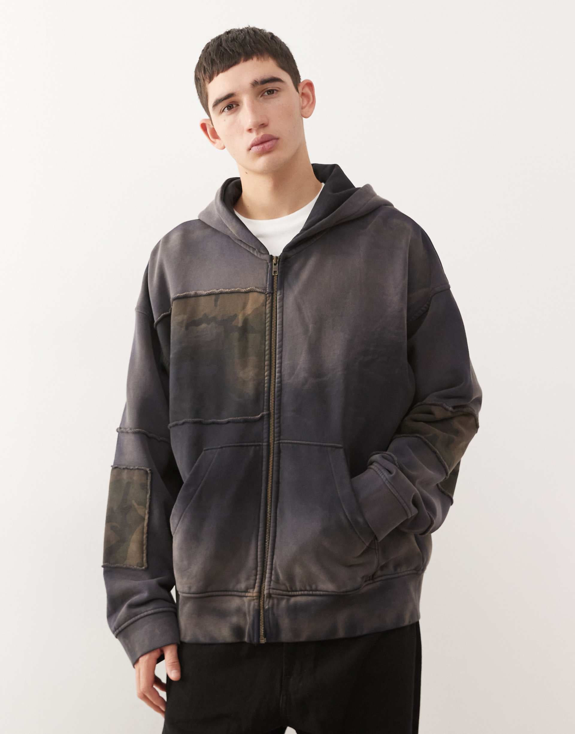 Weekday camo print zip up hoodie in washed black
