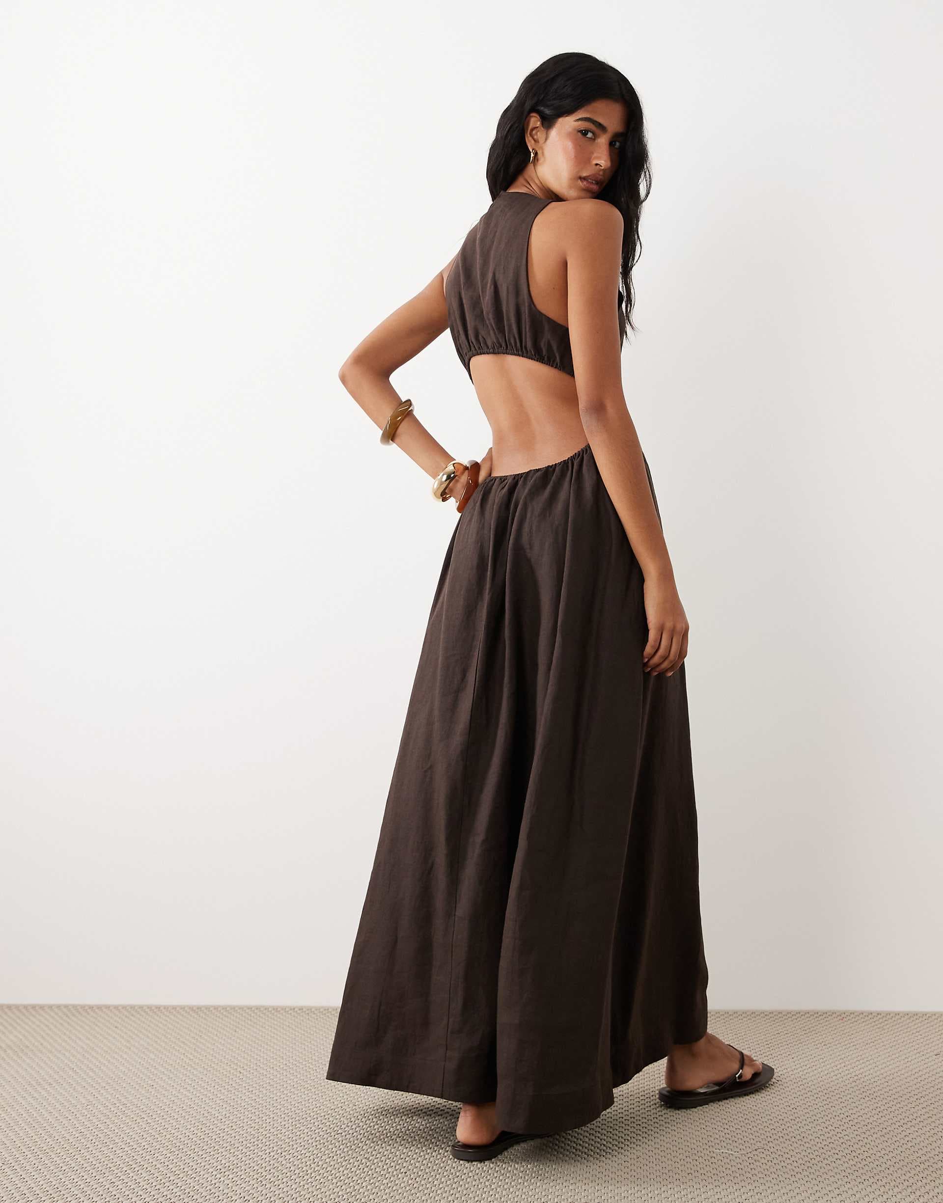 ASOS DESIGN premium 100% linen waisted maxi dress with open back in bitter chocolate