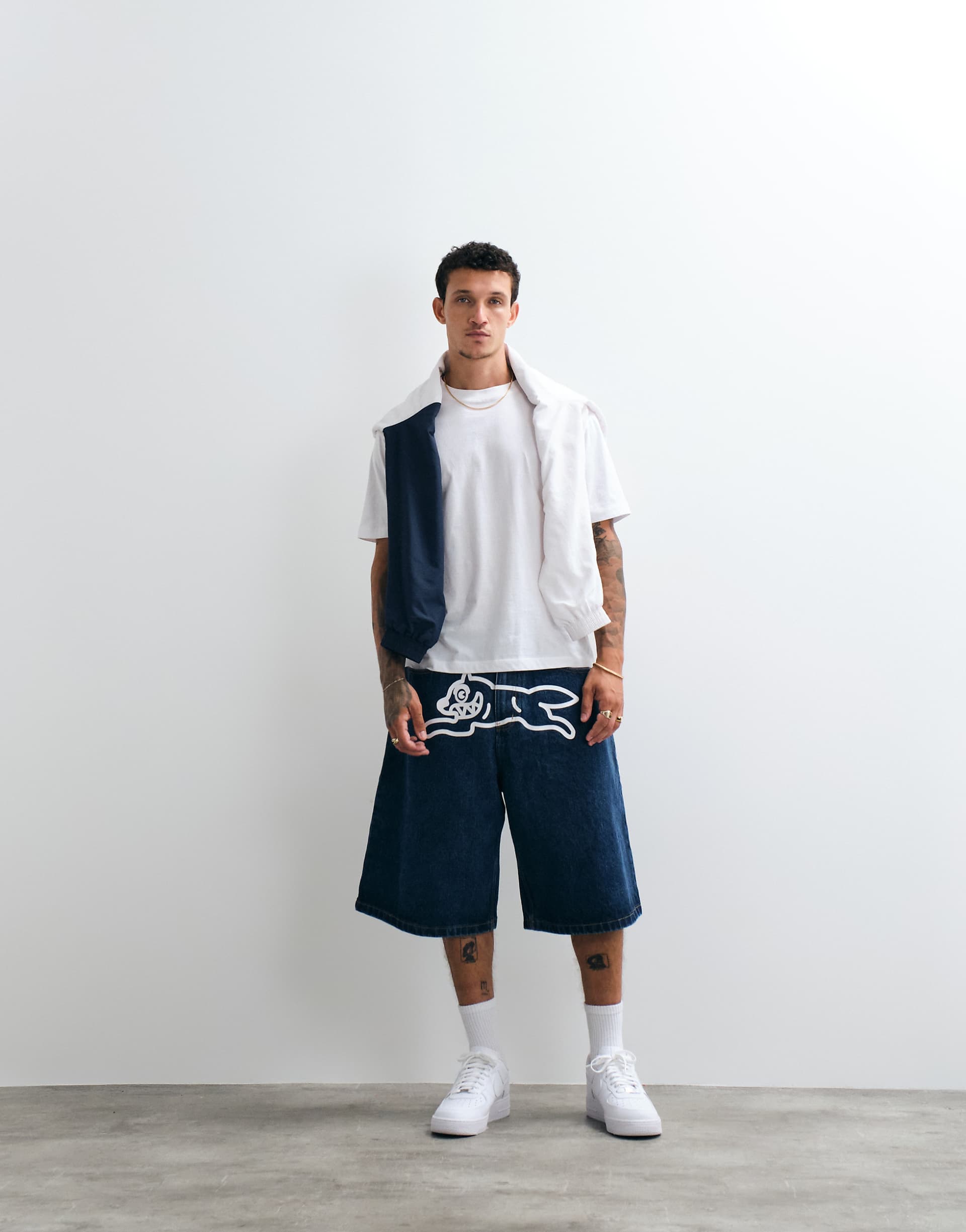 ICECREAM scoop denim jorts with running dog in mid wash blue