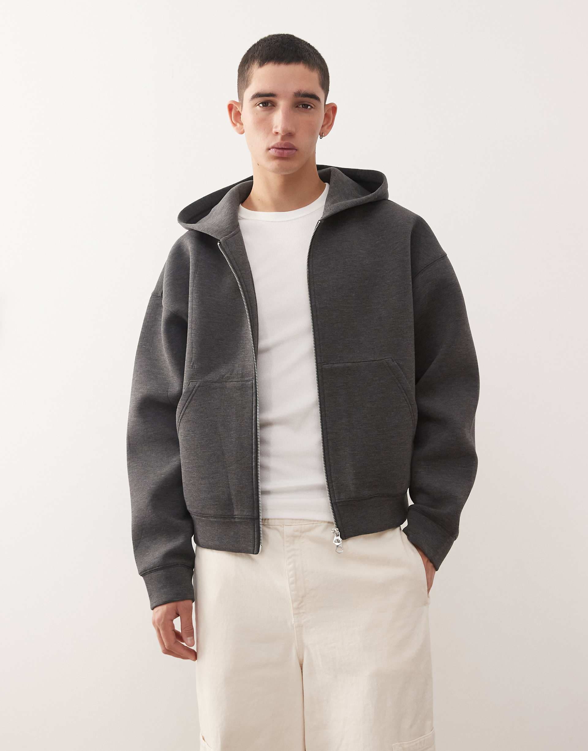 Weekday Simon zip up hoodie in dark heather gray scuba-style fabric