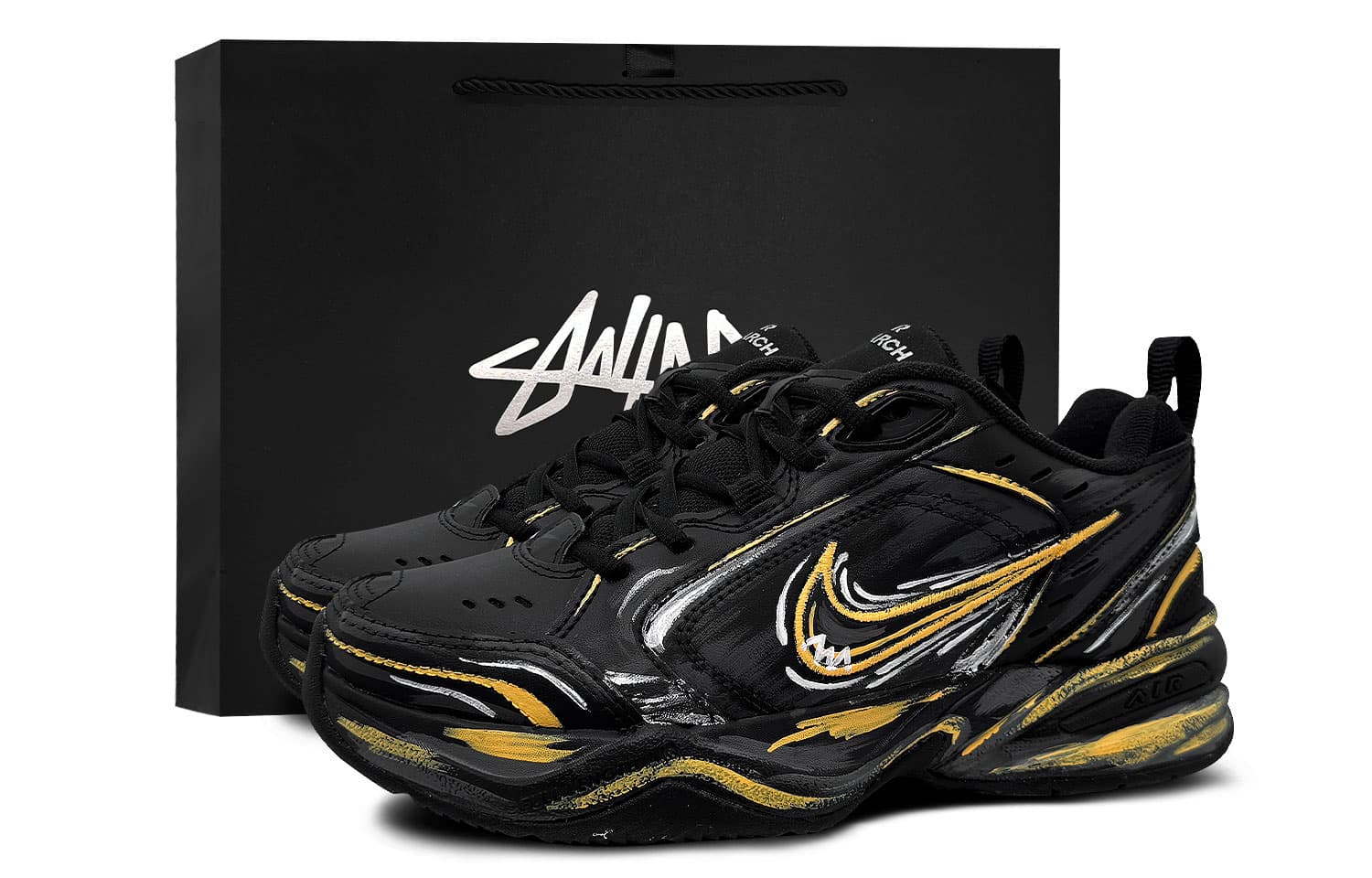 Custom Sneakers Nike Air Monarch 4 'Ink Gold Flow' Special Gift Bag Classic Retro Fashion Versatile Low-Top Dad Shoes Unisex Black Gold