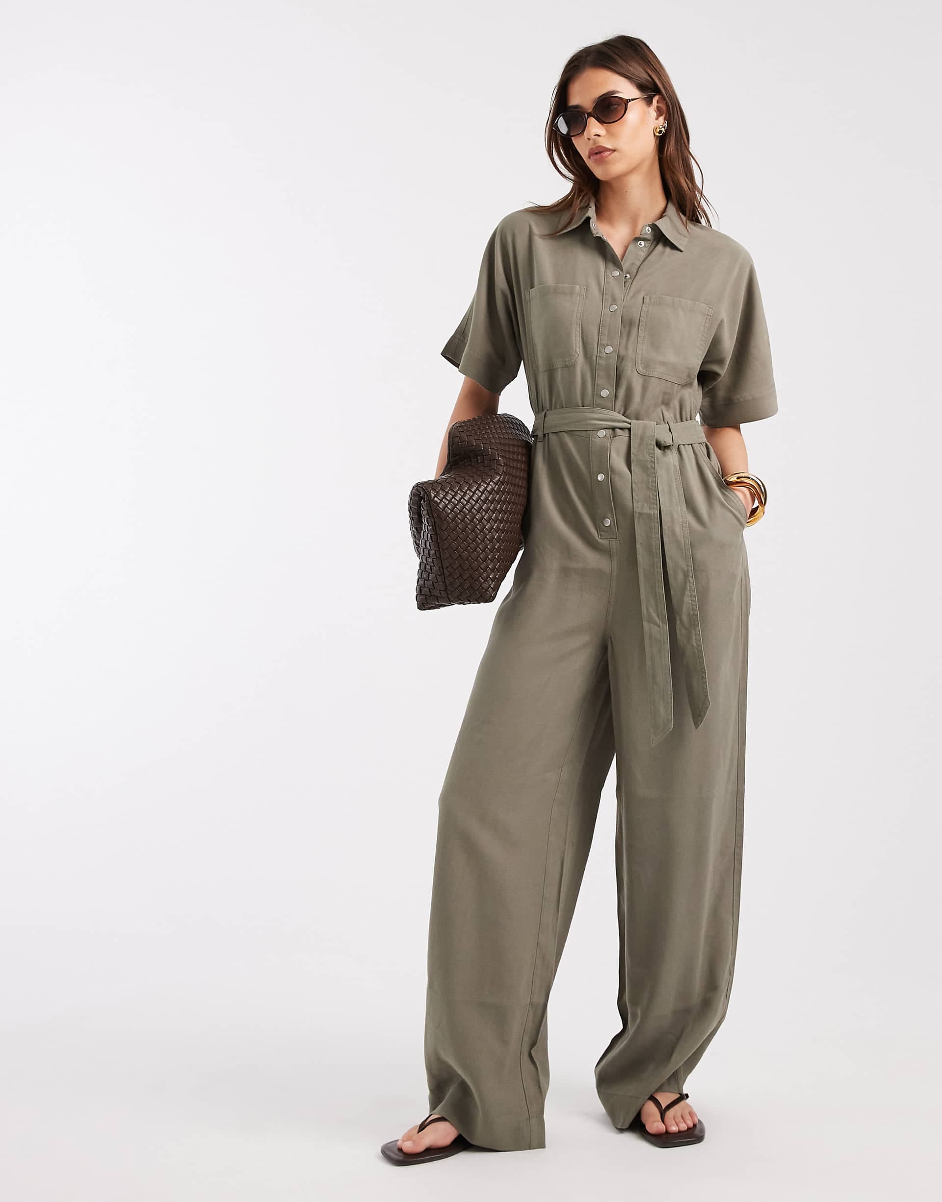 ONLY tie waist short sleeve jumpsuit in khaki